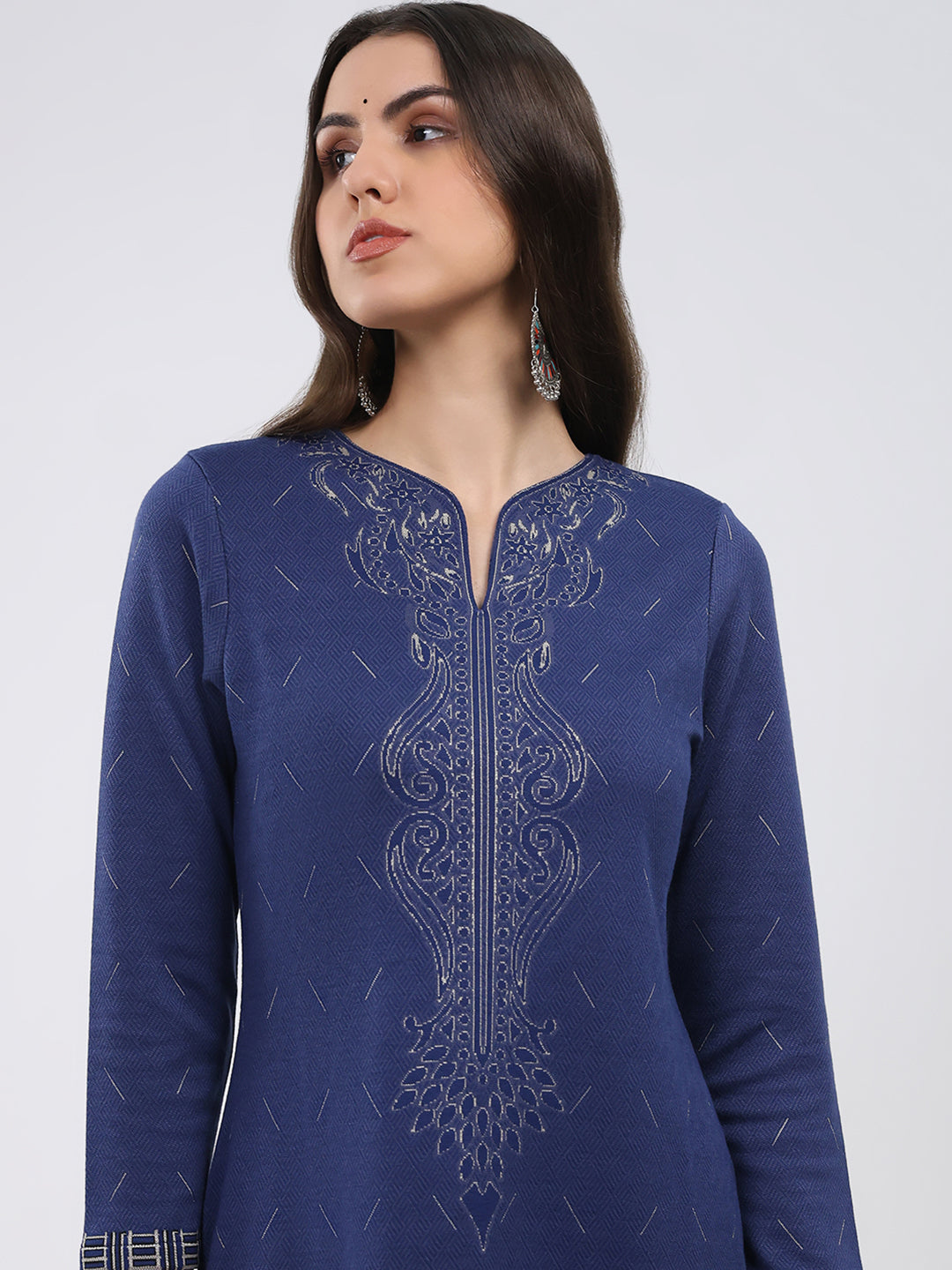 Women Blue Printed Round Neck Full Sleeve Kurti Set for Winter