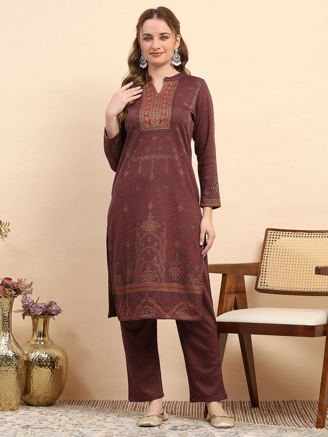 Women Rust Printed Round Neck Full Sleeve Kurti Set for Winter