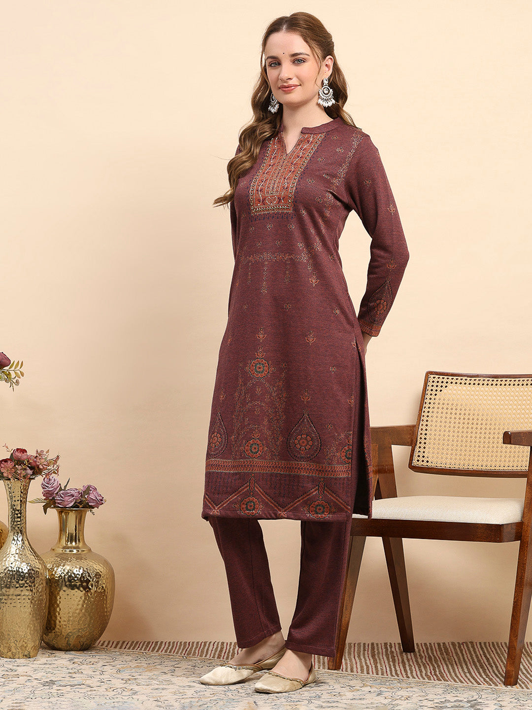 Women Rust Printed Round Neck Full Sleeve Kurti Set for Winter
