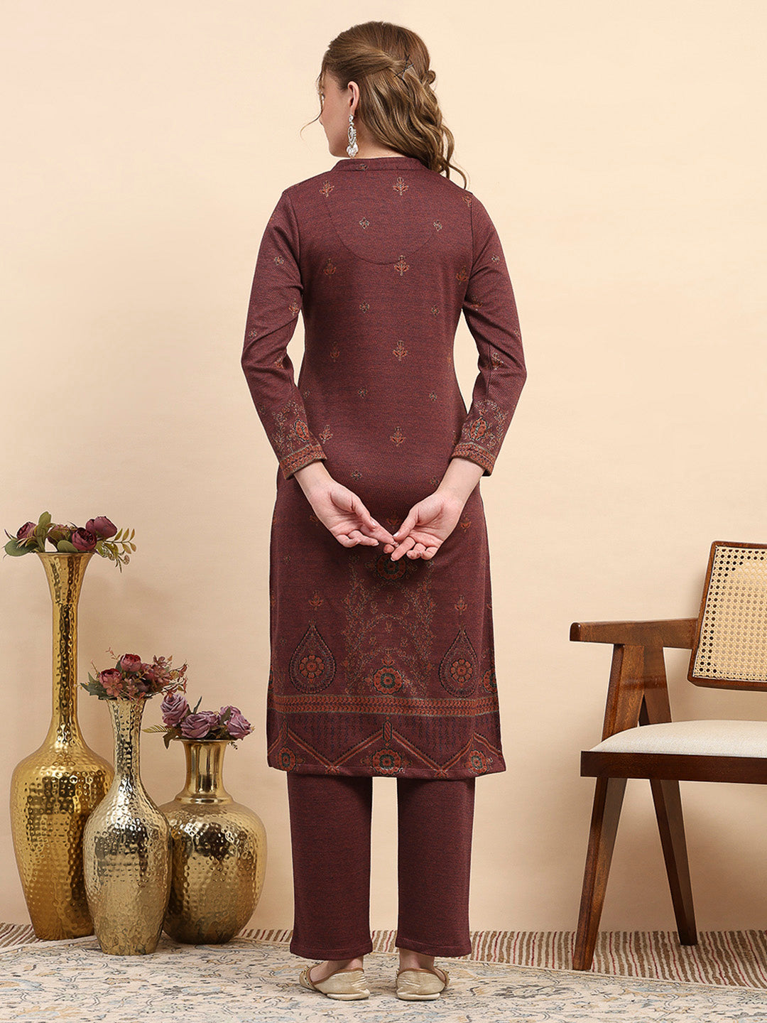 Women Rust Printed Round Neck Full Sleeve Kurti Set for Winter