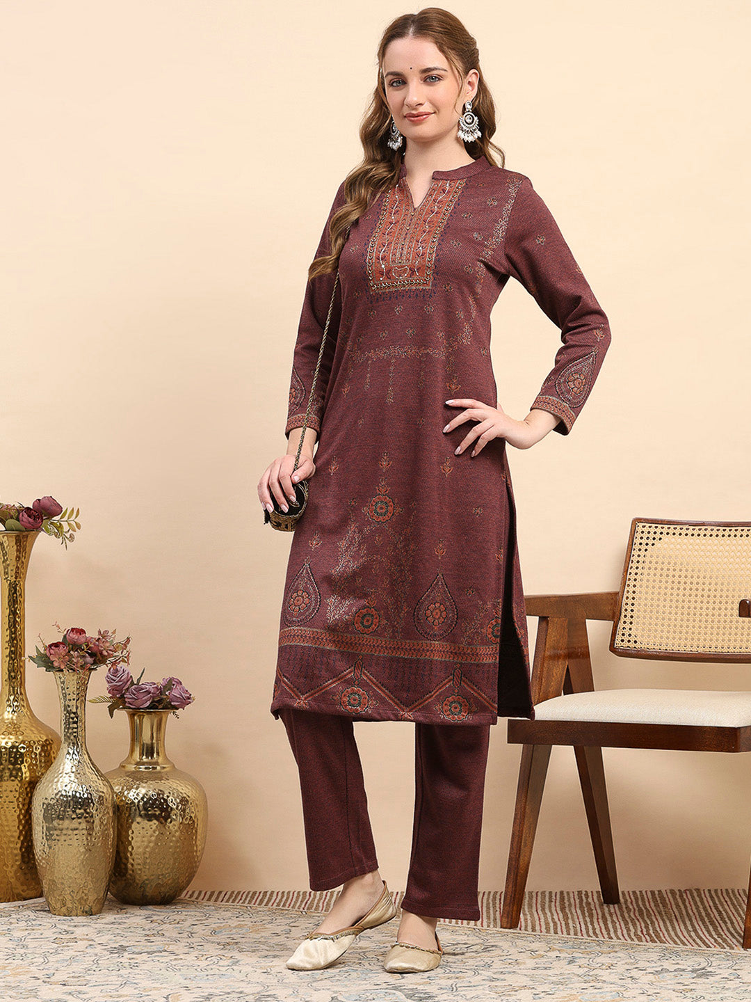 Women Rust Printed Round Neck Full Sleeve Kurti Set for Winter