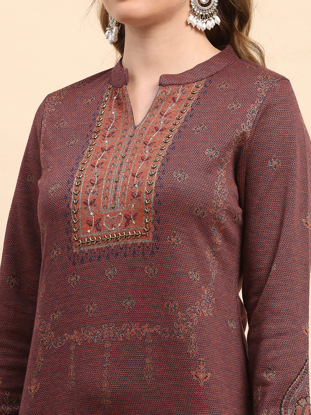 Women Rust Printed Round Neck Full Sleeve Kurti Set for Winter