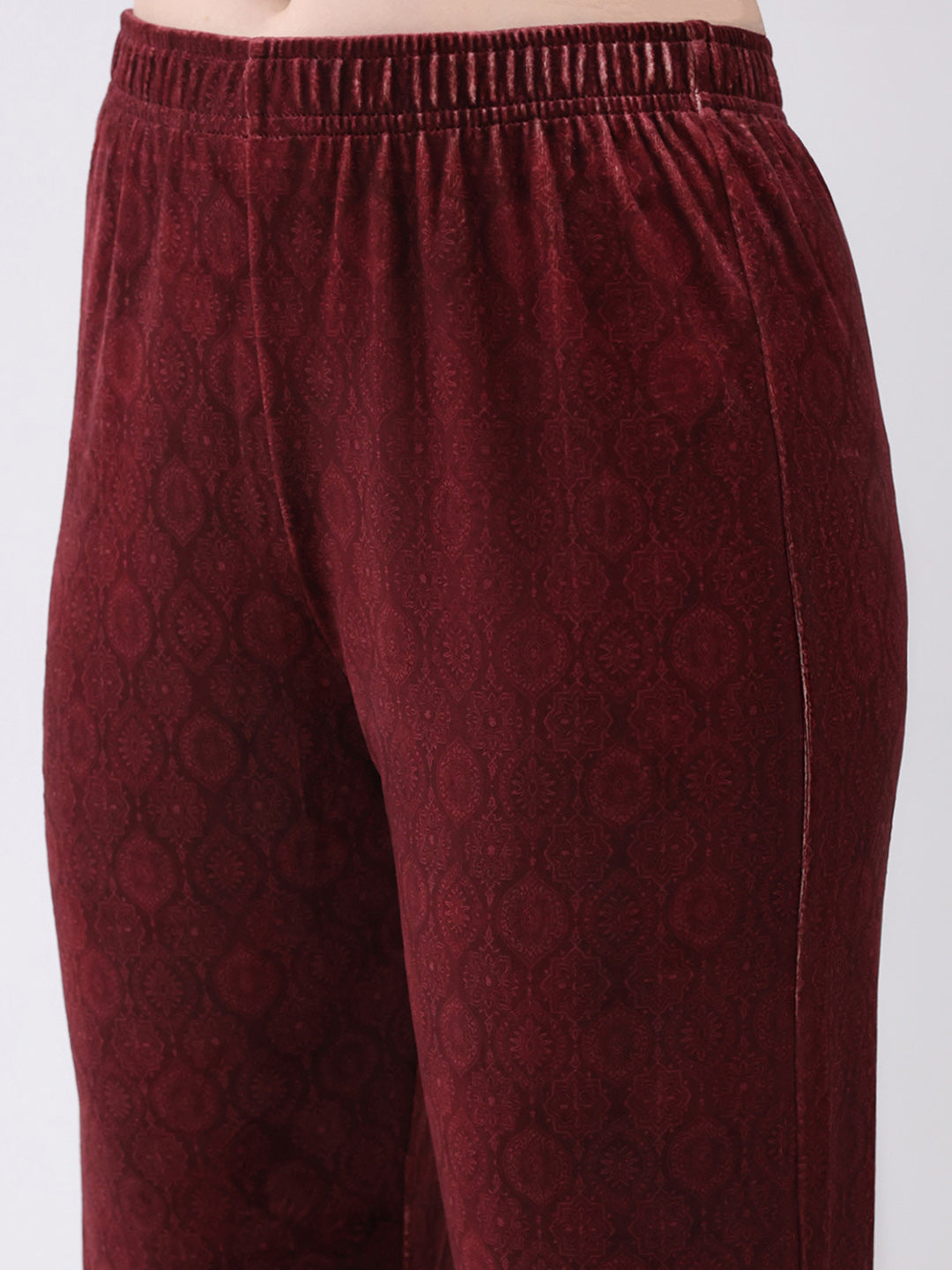Women Maroon Printed Round Neck Full Sleeve Kurti Set for Winter