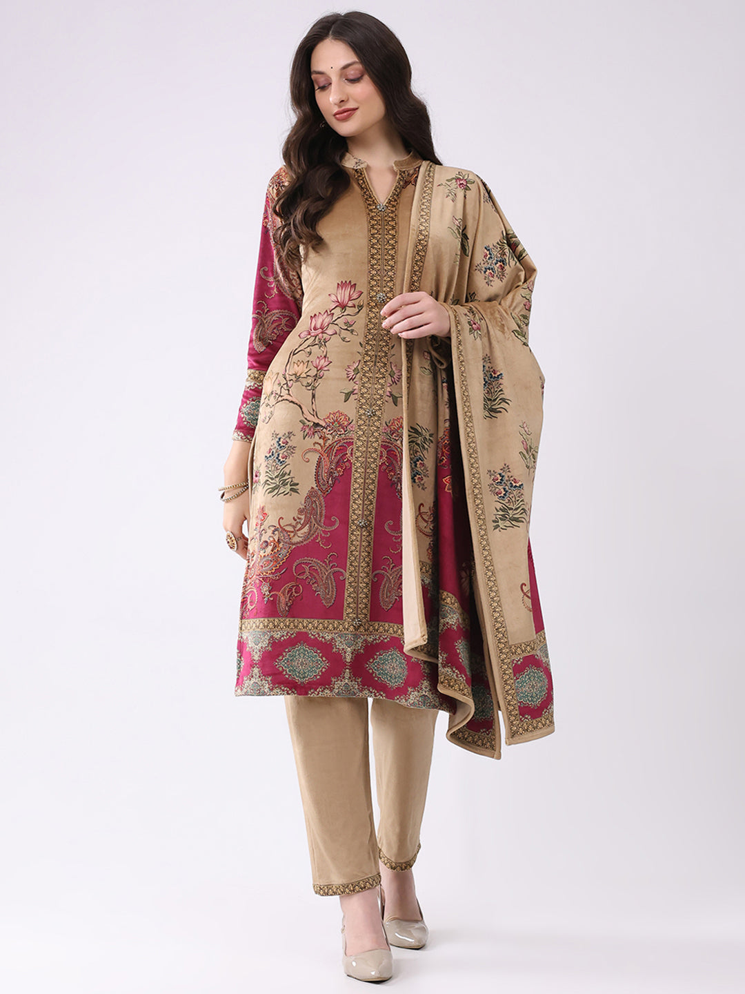 Women Khaki Printed Round Neck Full Sleeve Kurti, Stole & Lower 3Pc Set for Winter