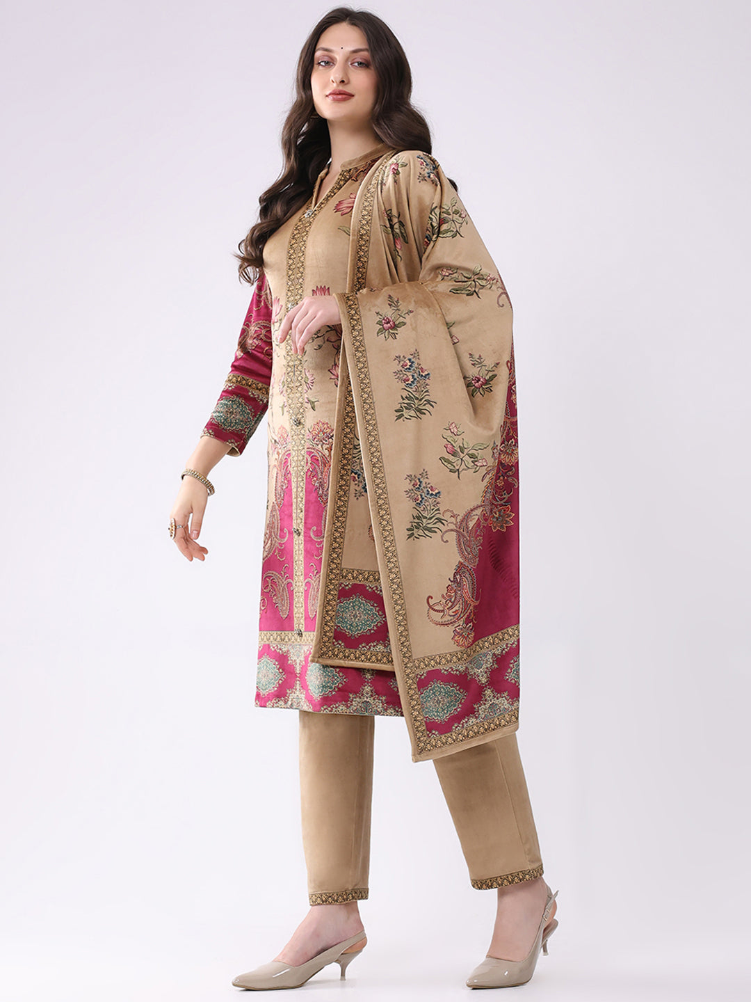 Women Khaki Printed Round Neck Full Sleeve Kurti, Stole & Lower 3Pc Set for Winter