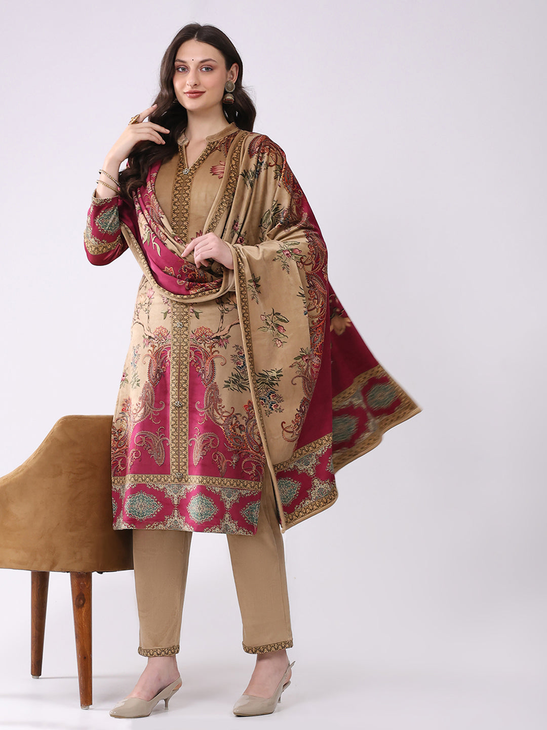 Women Khaki Printed Round Neck Full Sleeve Kurti, Stole & Lower 3Pc Set for Winter
