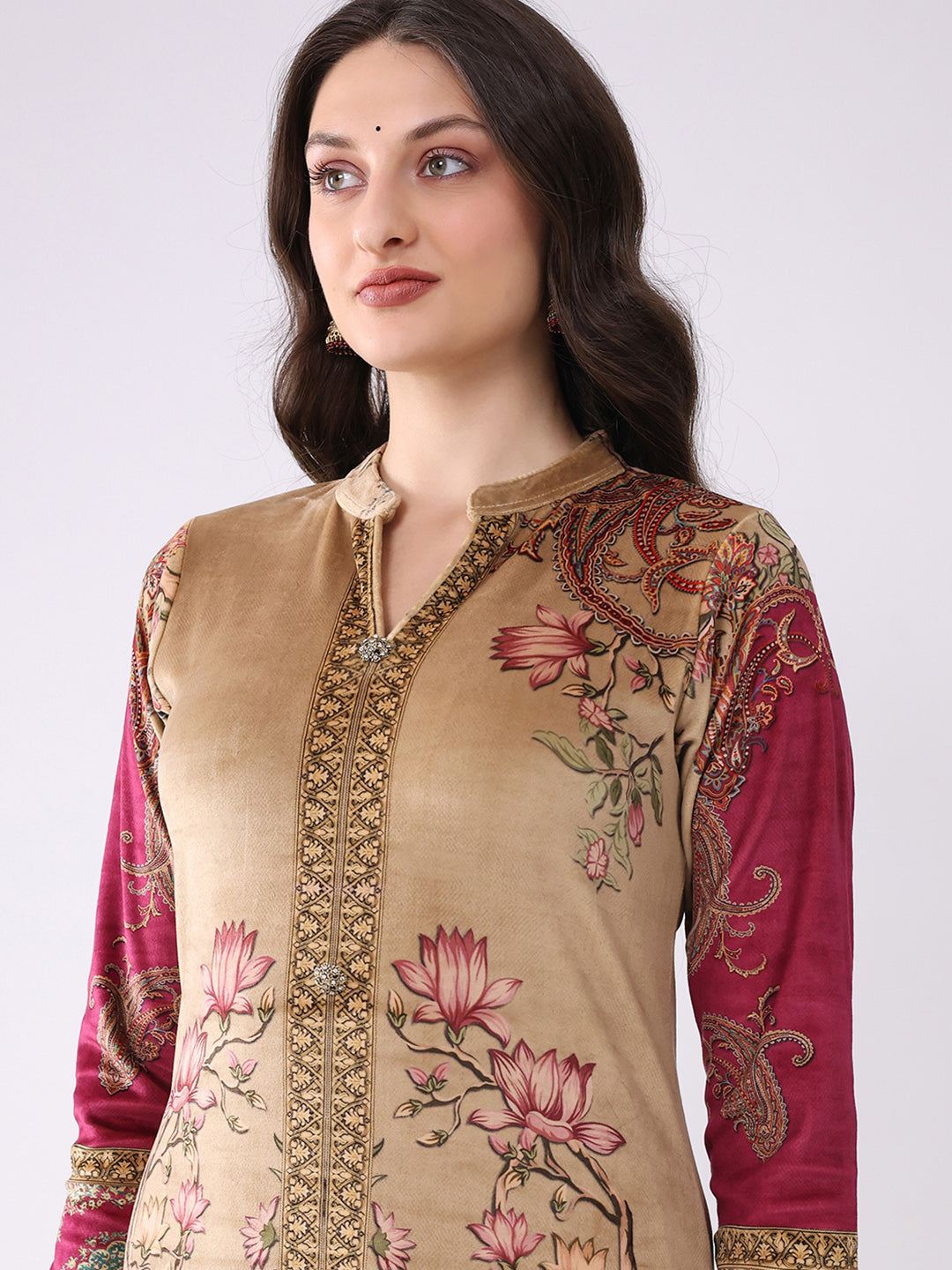 Women Khaki Printed Round Neck Full Sleeve Kurti, Stole & Lower 3Pc Set for Winter