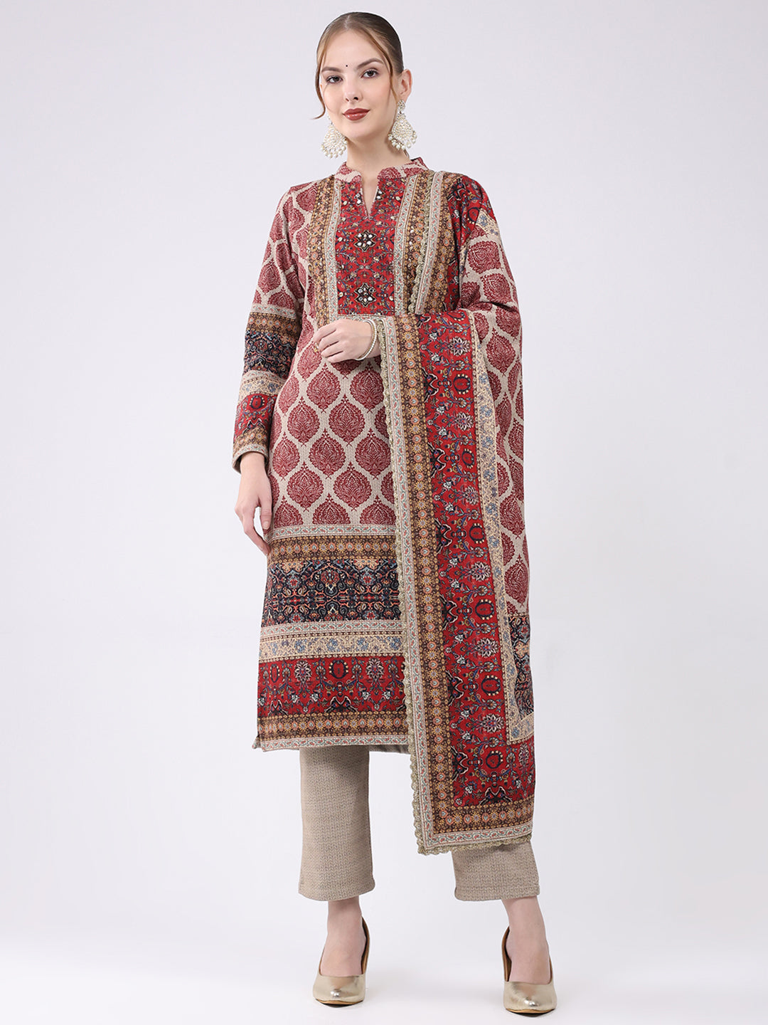 Women Maroon Printed Round Neck Full Sleeve Kurti Set for Winter