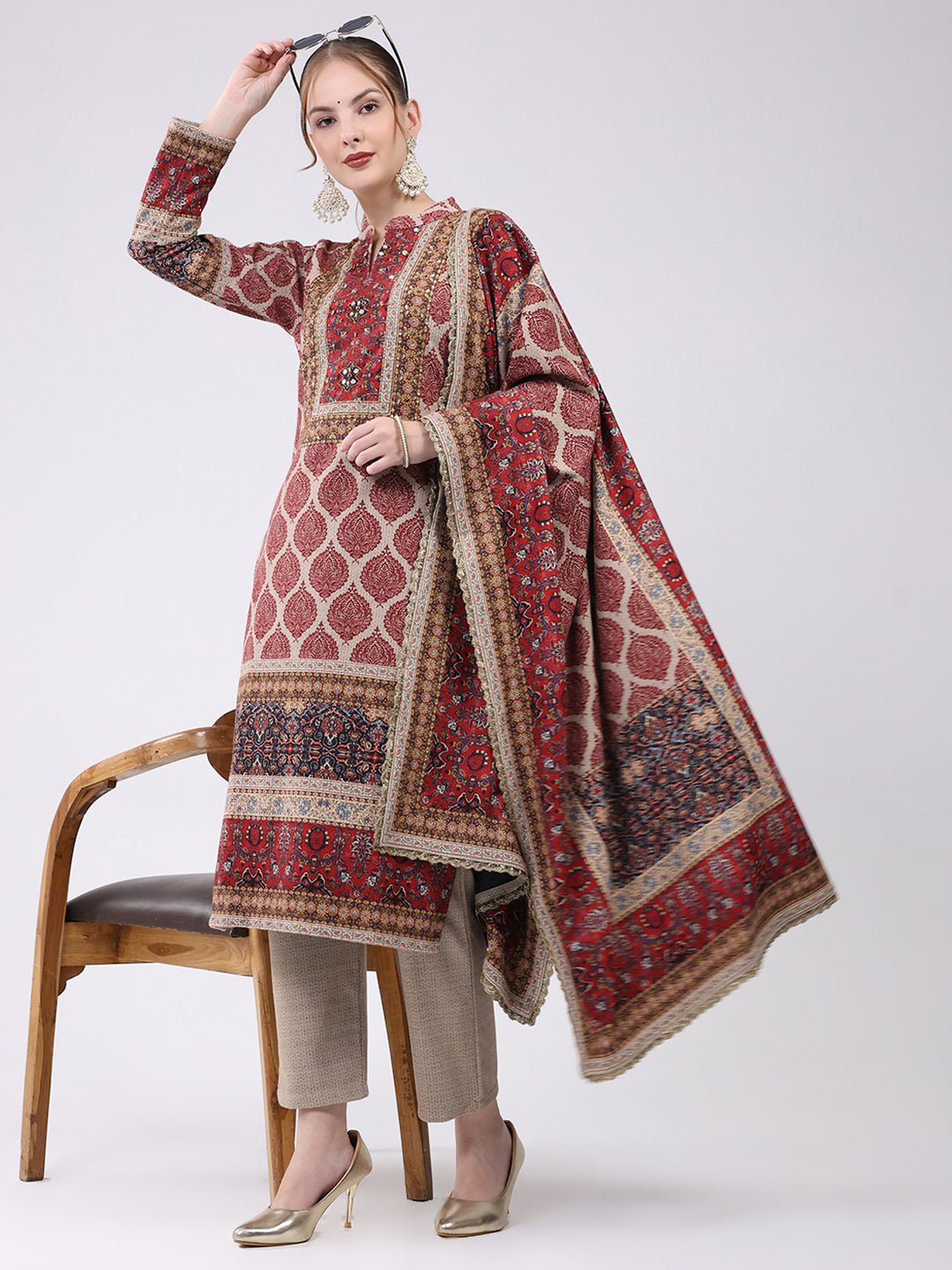 Women Maroon Printed Round Neck Full Sleeve Kurti Set for Winter