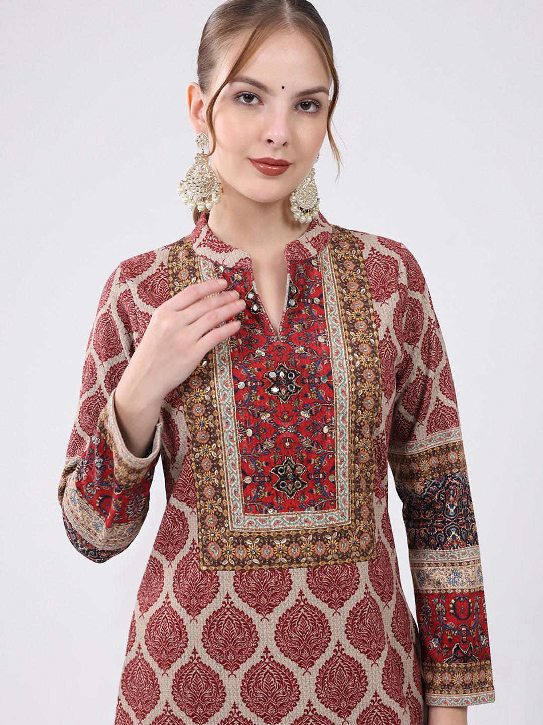 Women Maroon Printed Round Neck Full Sleeve Kurti Set for Winter