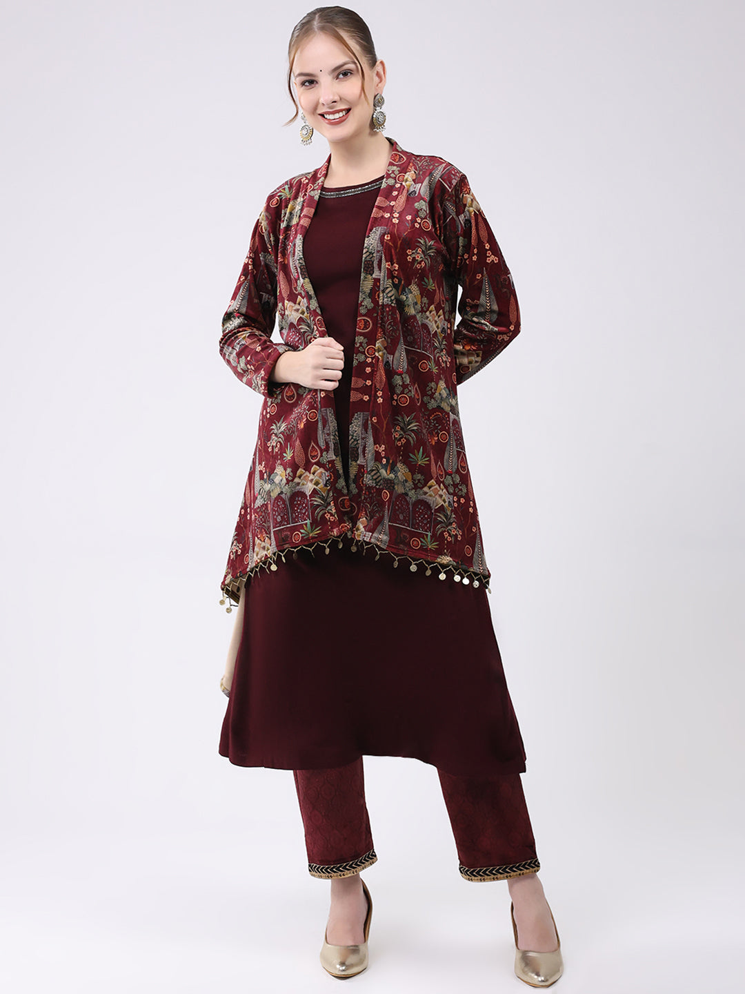 Women Maroon Printed Round Neck Sleeveless Kurti with Shrug (2 Pc set)