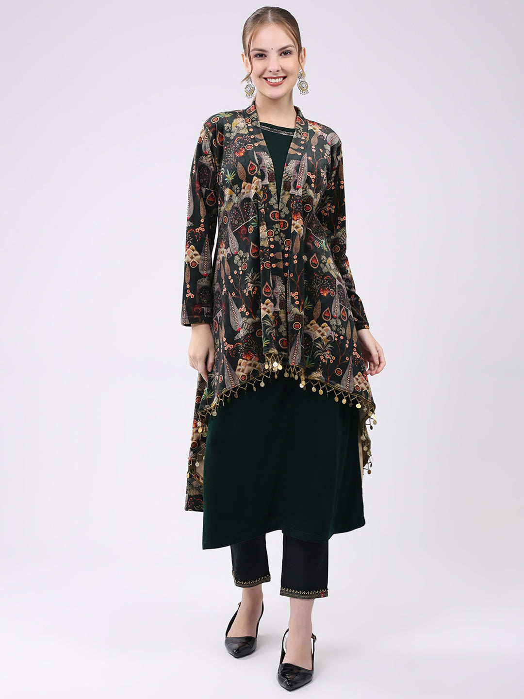 Women Green Printed Round Neck Sleeveless Kurti with Shrug (2 Pc set)