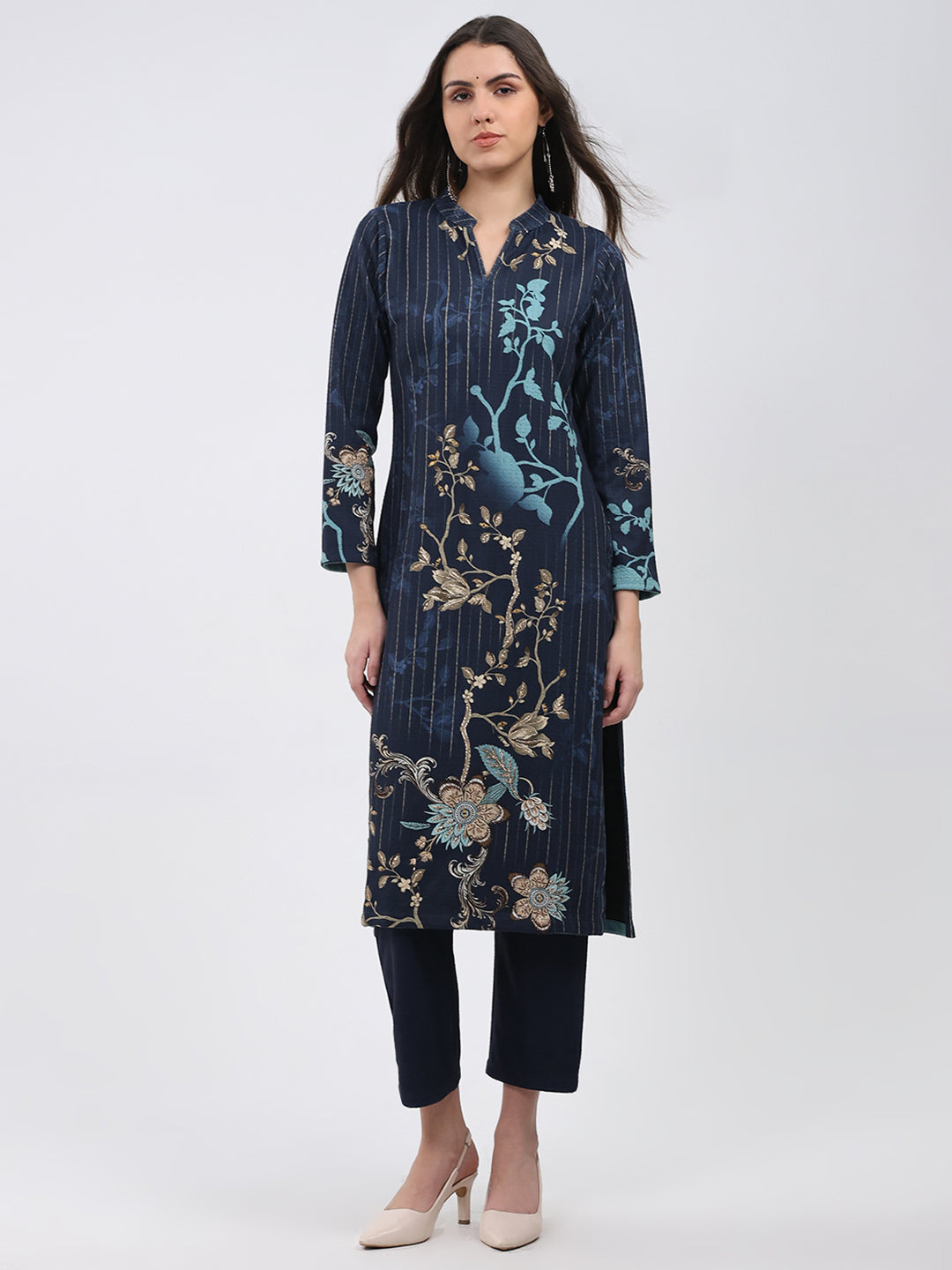 Women Blue Printed Round Neck Full Sleeve Kurti Set for Winter
