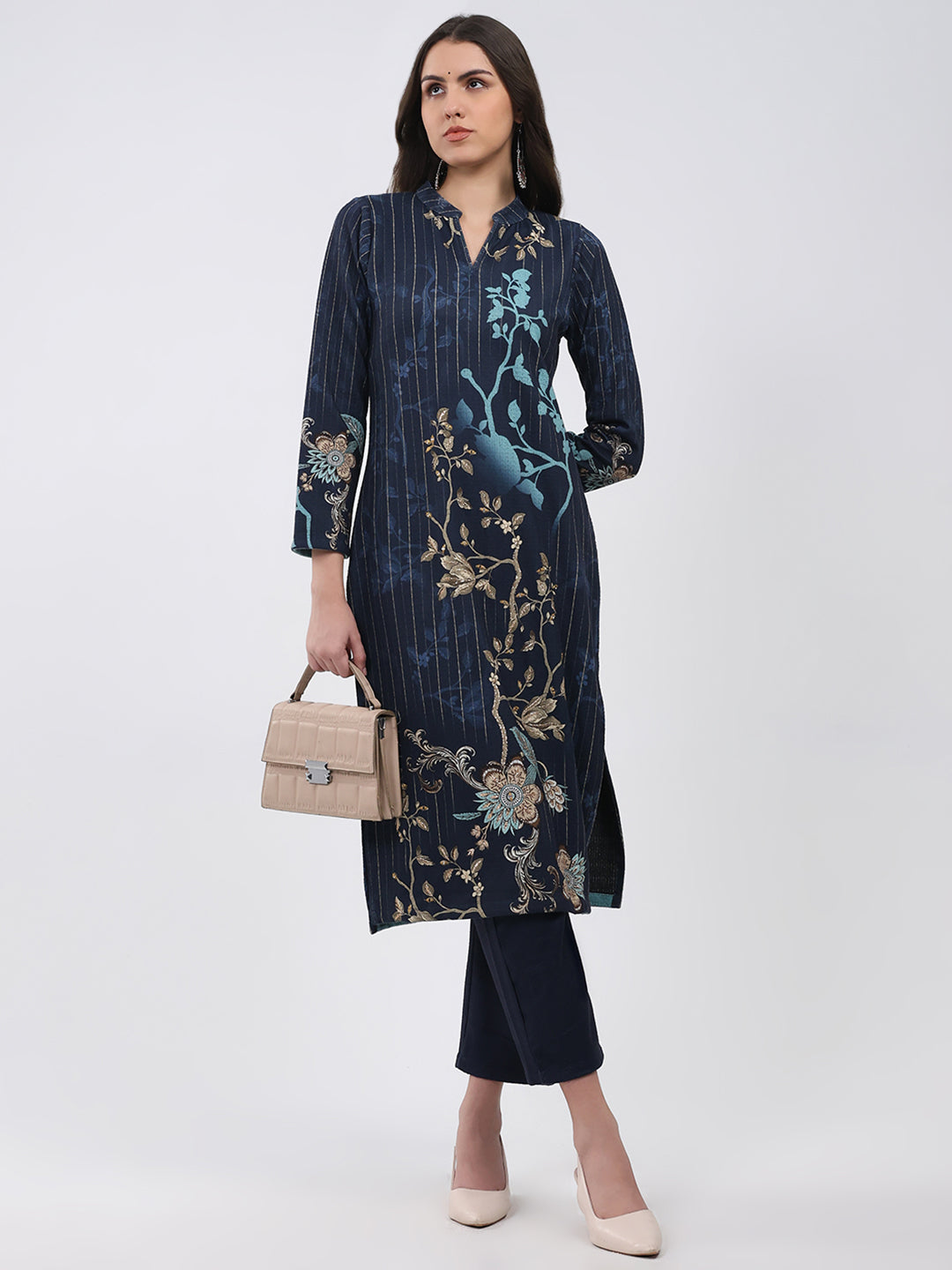 Women Blue Printed Round Neck Full Sleeve Kurti Set for Winter