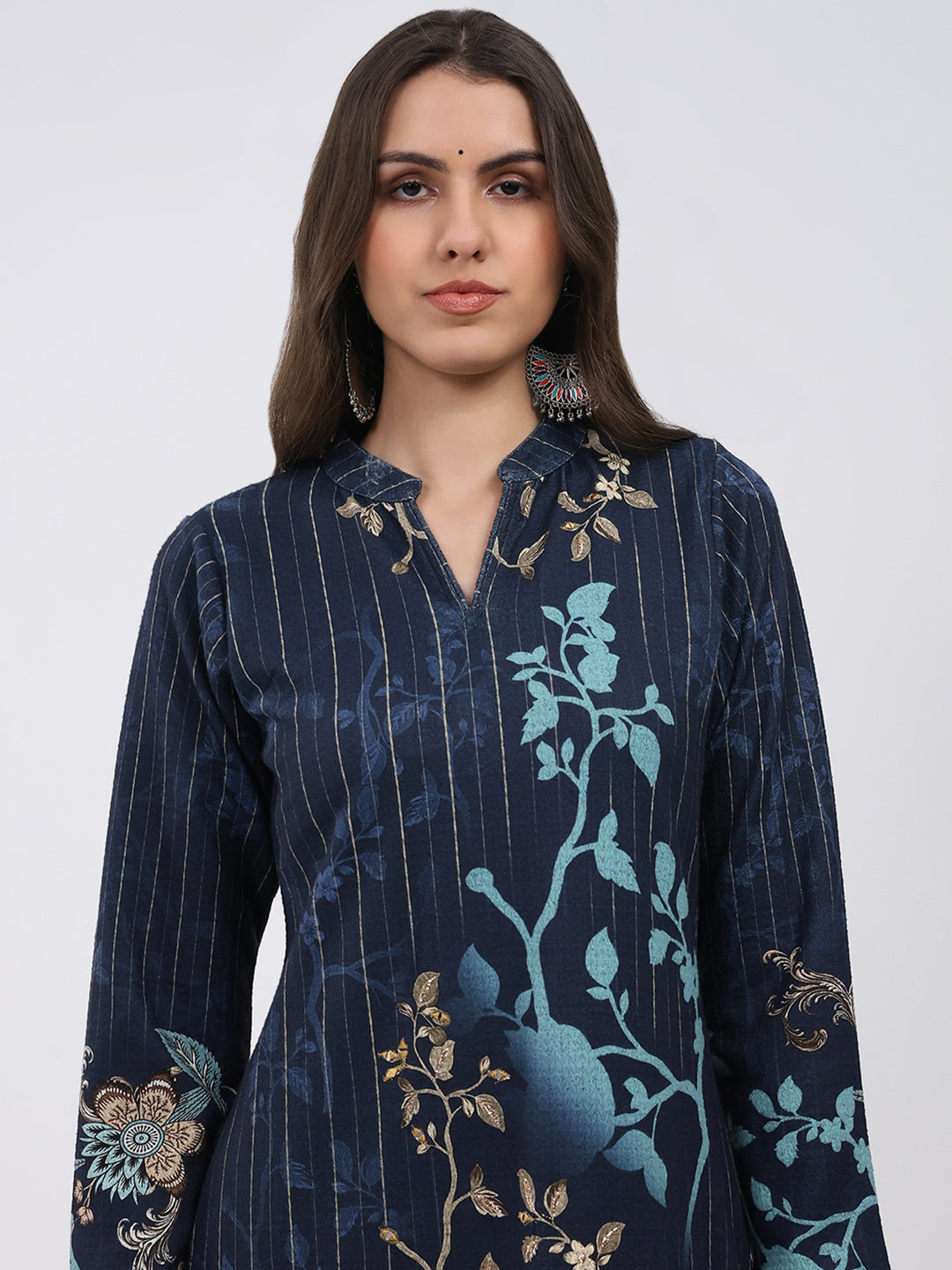 Women Blue Printed Round Neck Full Sleeve Kurti Set for Winter