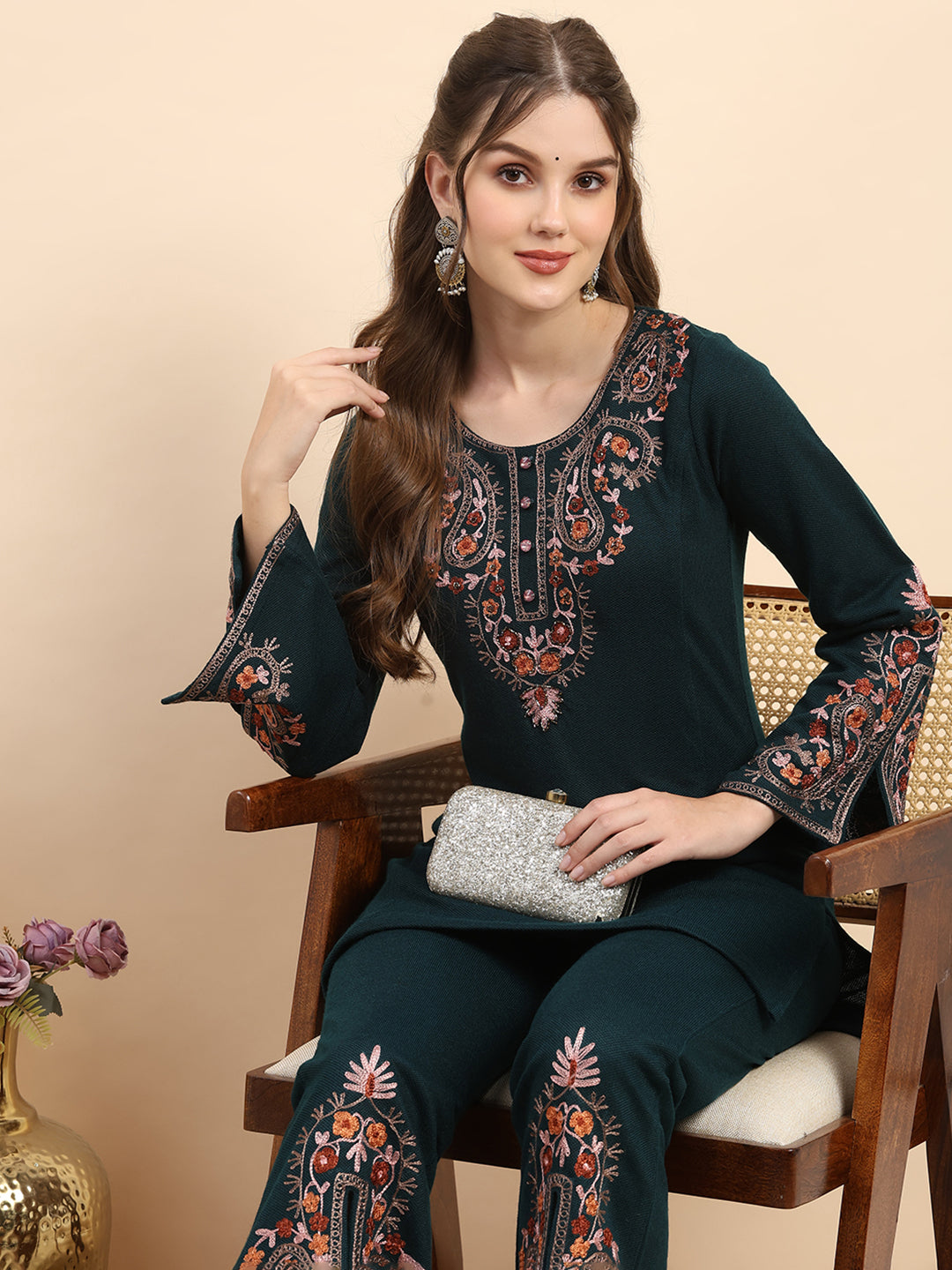 Women Teal Blue Printed Round Neck Full Sleeve Kurti Set for Winter