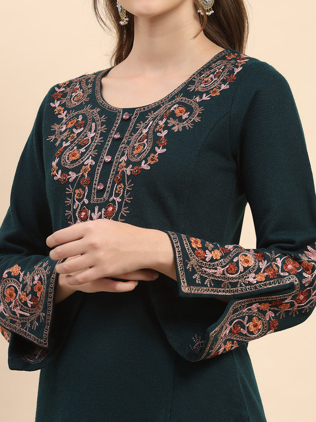Women Teal Blue Printed Round Neck Full Sleeve Kurti Set for Winter