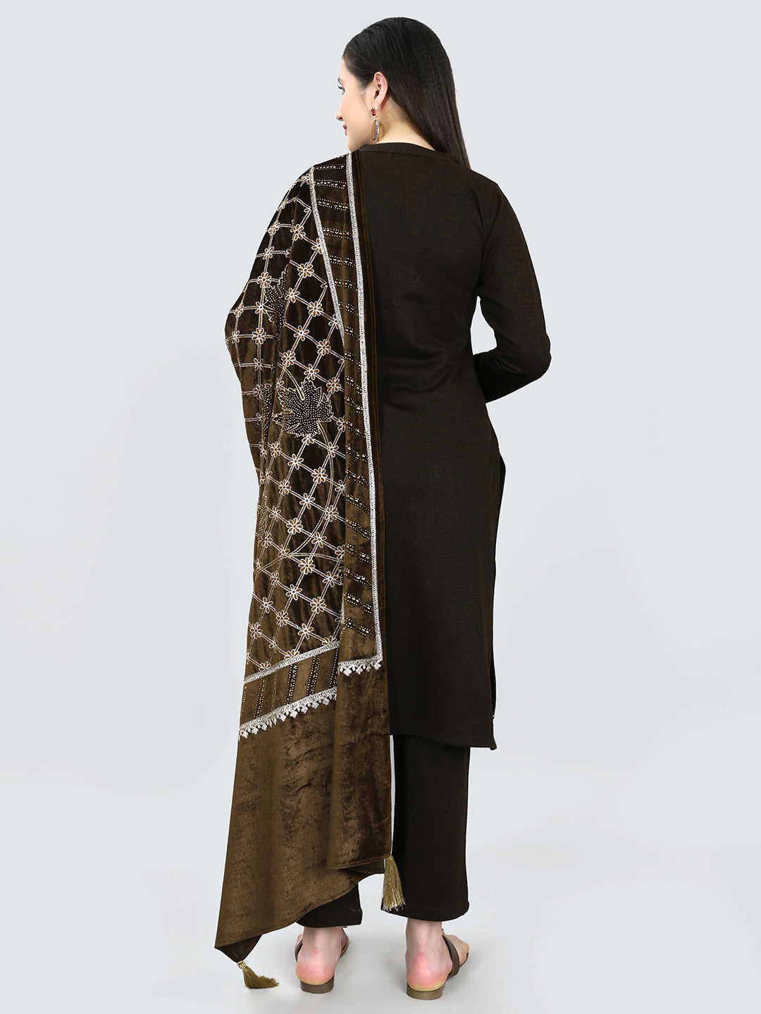 Women Brown Self Design Round Neck Full Sleeve 3 Pc Kurtis Set for Winter