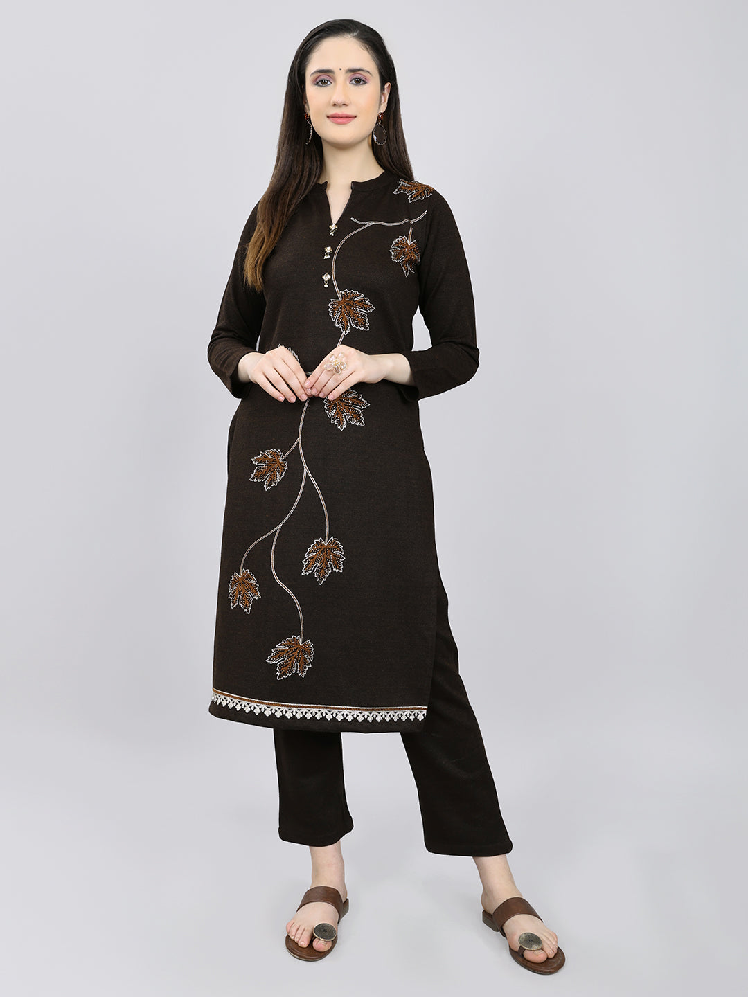 Women Brown Self Design Round Neck Full Sleeve 3 Pc Kurtis Set for Winter