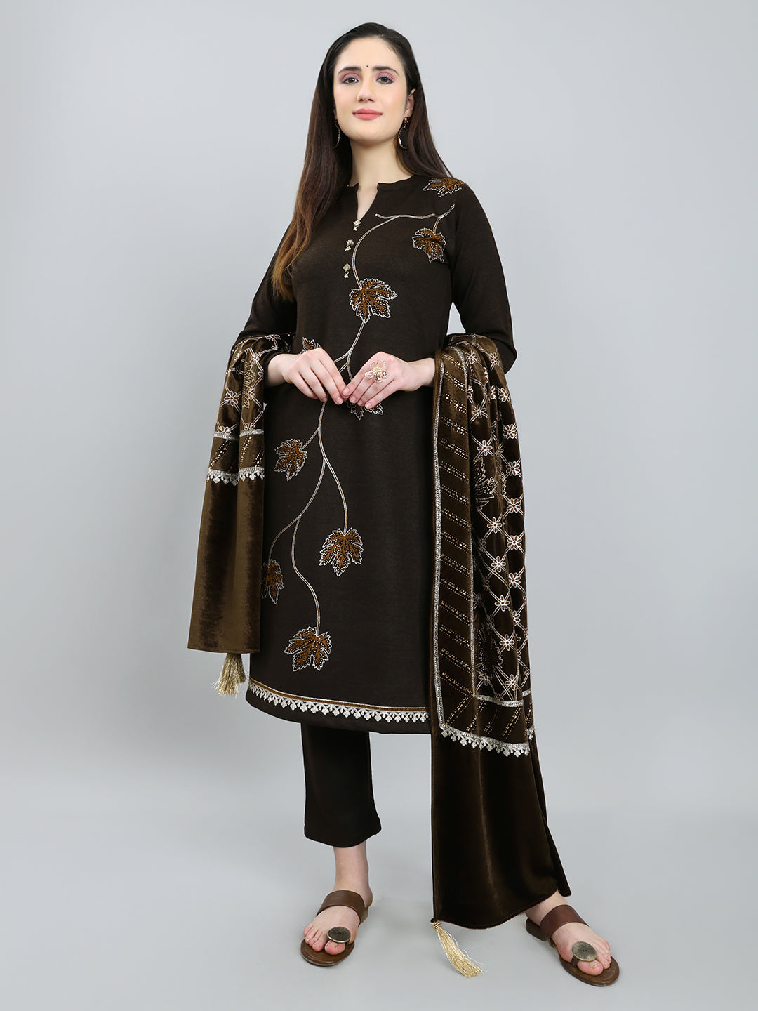 Women Brown Self Design Round Neck Full Sleeve 3 Pc Kurtis Set for Winter