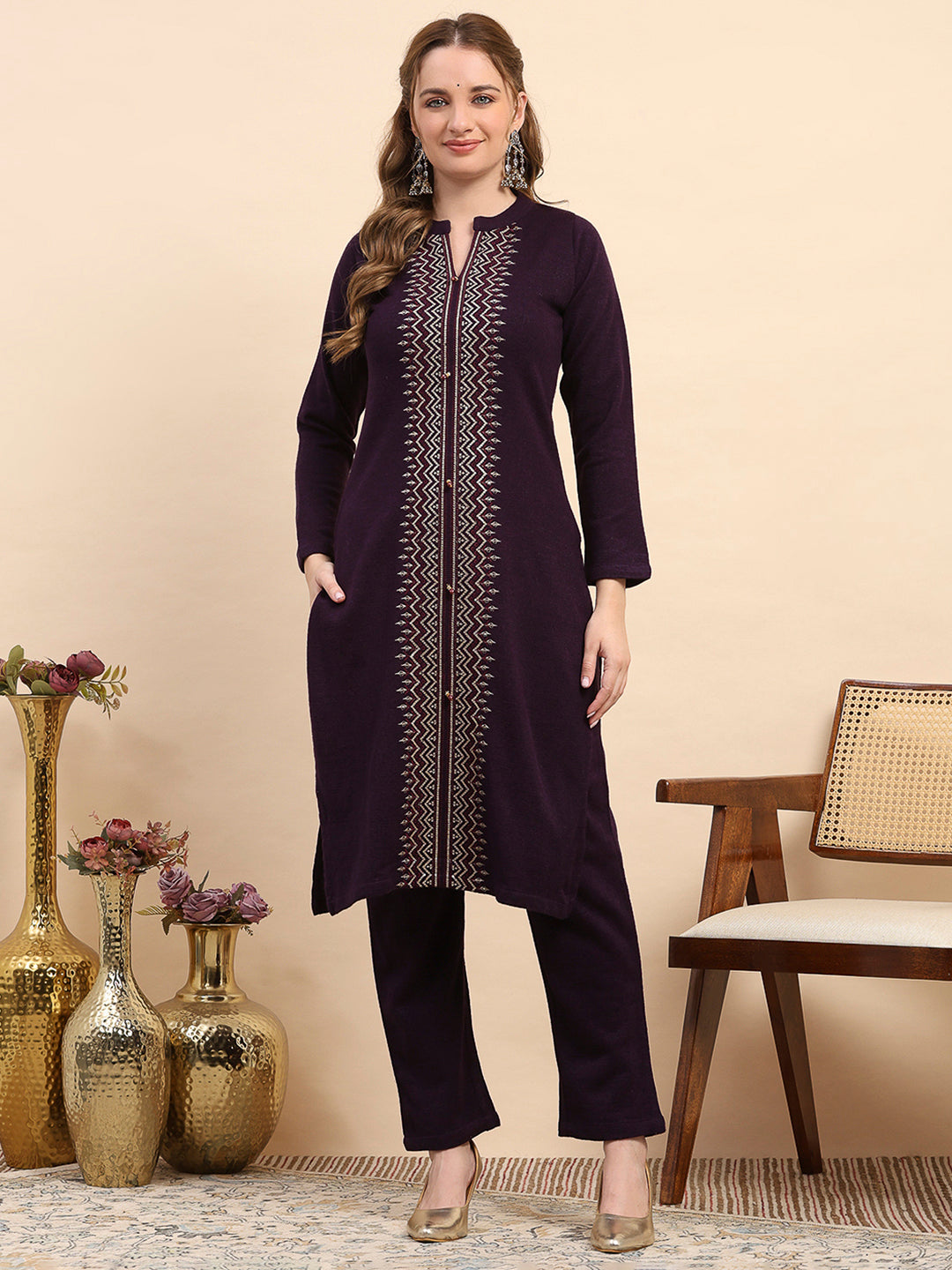 Women Purple Printed Round Neck Full Sleeve Kurti Set for Winter