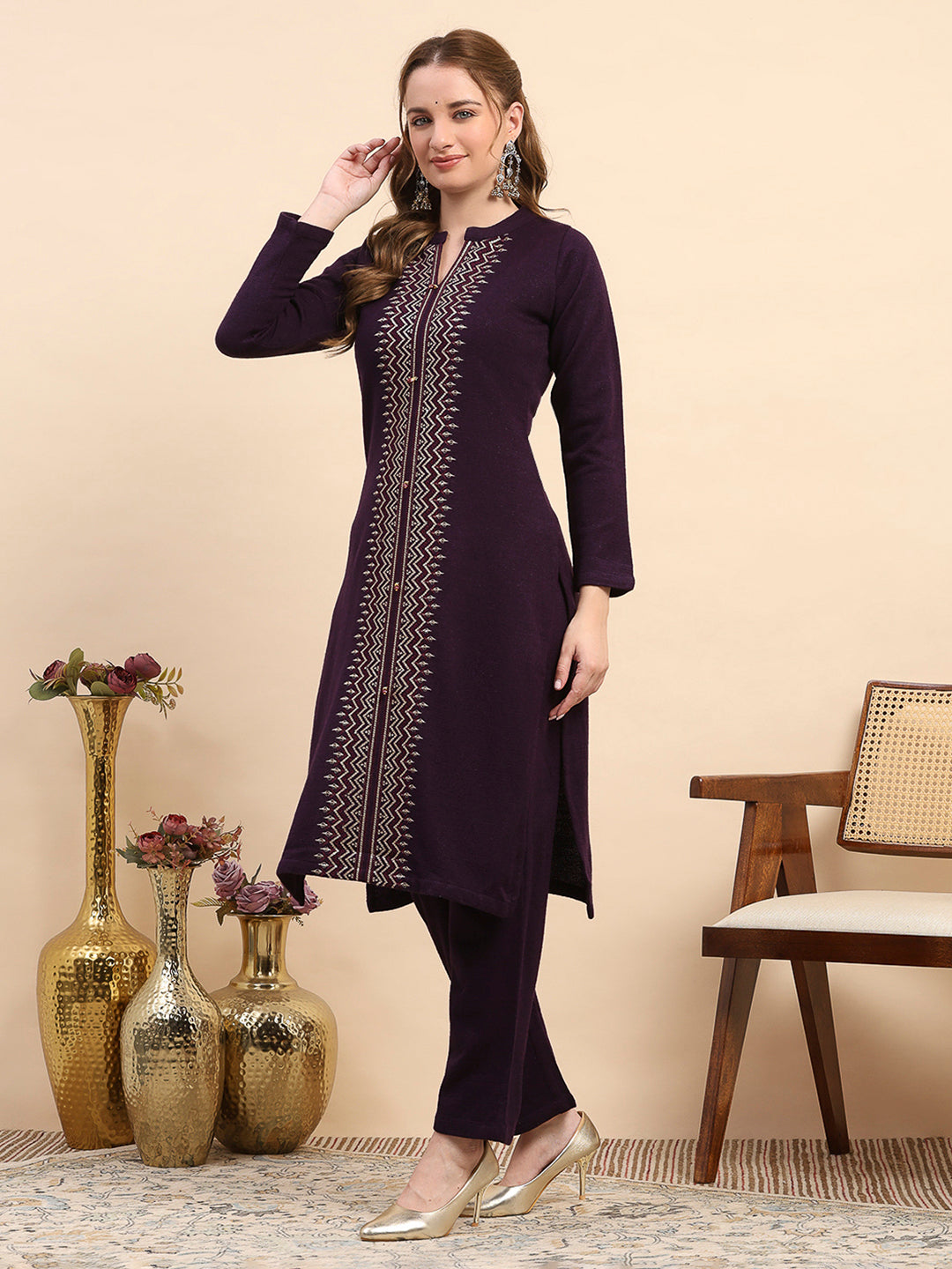 Women Purple Printed Round Neck Full Sleeve Kurti Set for Winter
