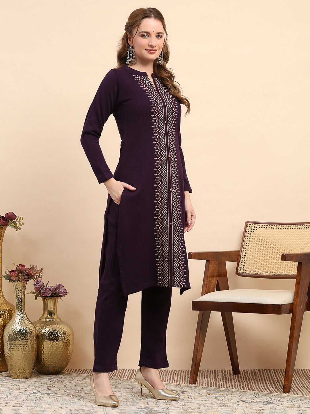 Women Purple Printed Round Neck Full Sleeve Kurti Set for Winter