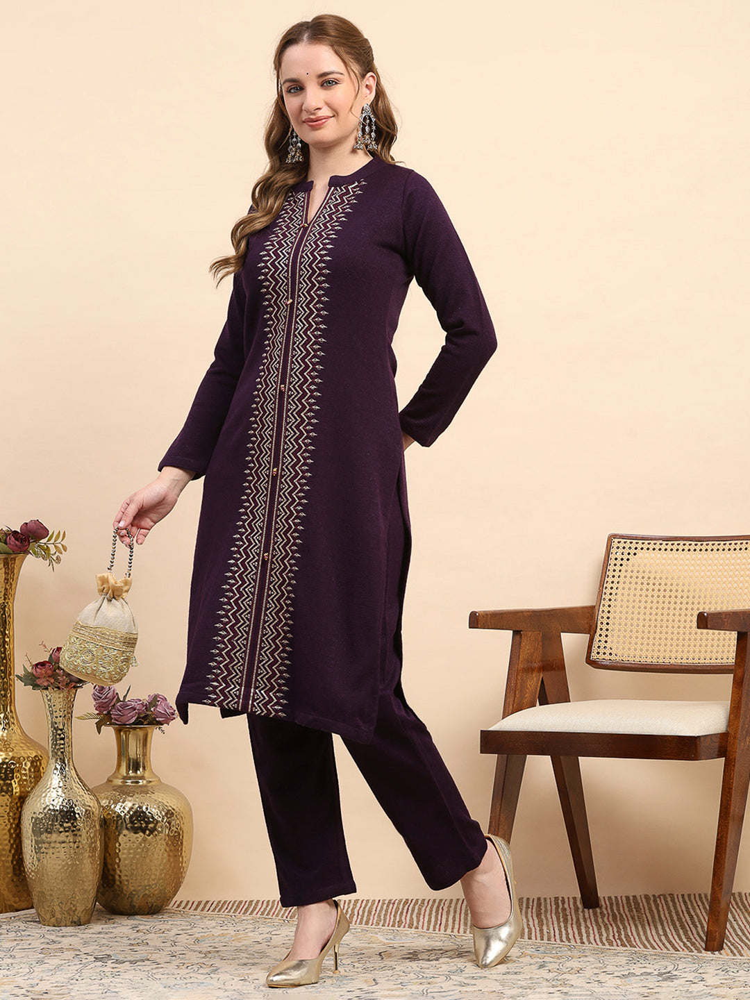 Women Purple Printed Round Neck Full Sleeve Kurti Set for Winter