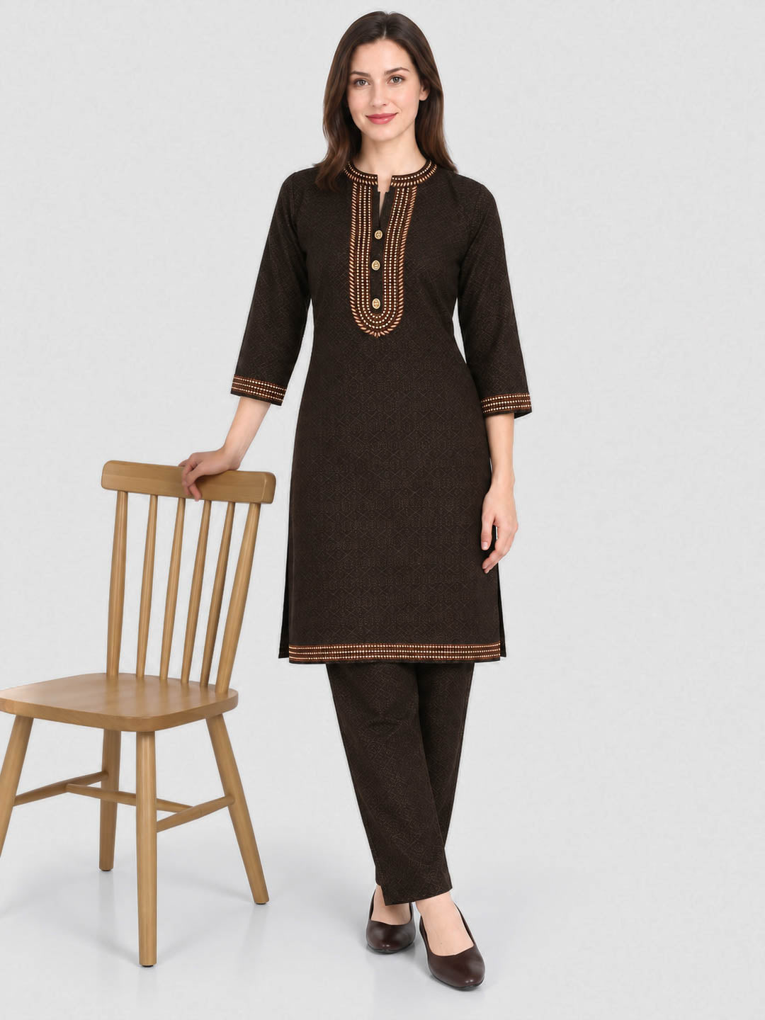 Women Brown Designer Round Neck Full Sleeve Kurtis Set for Winter