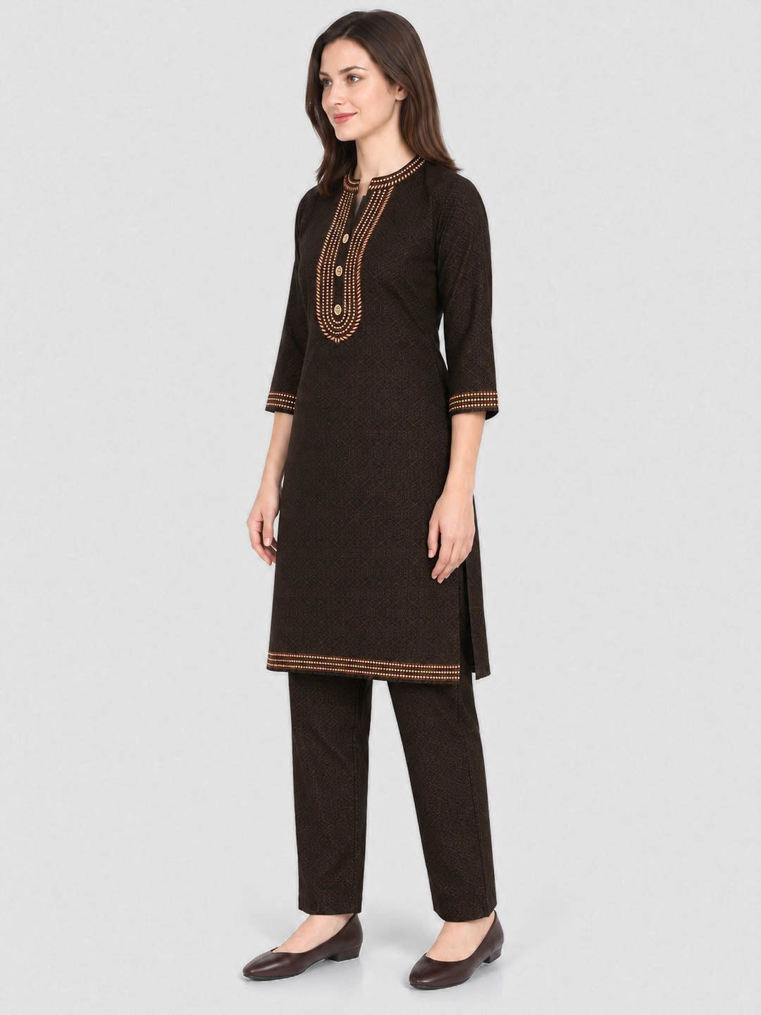 Women Brown Designer Round Neck Full Sleeve Kurtis Set for Winter