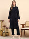 Women Navy Blue Printed Round Neck Full Sleeve Kurti Set for Winter