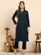 Women Teal Blue Printed Round Neck Full Sleeve Kurti Set for Winter