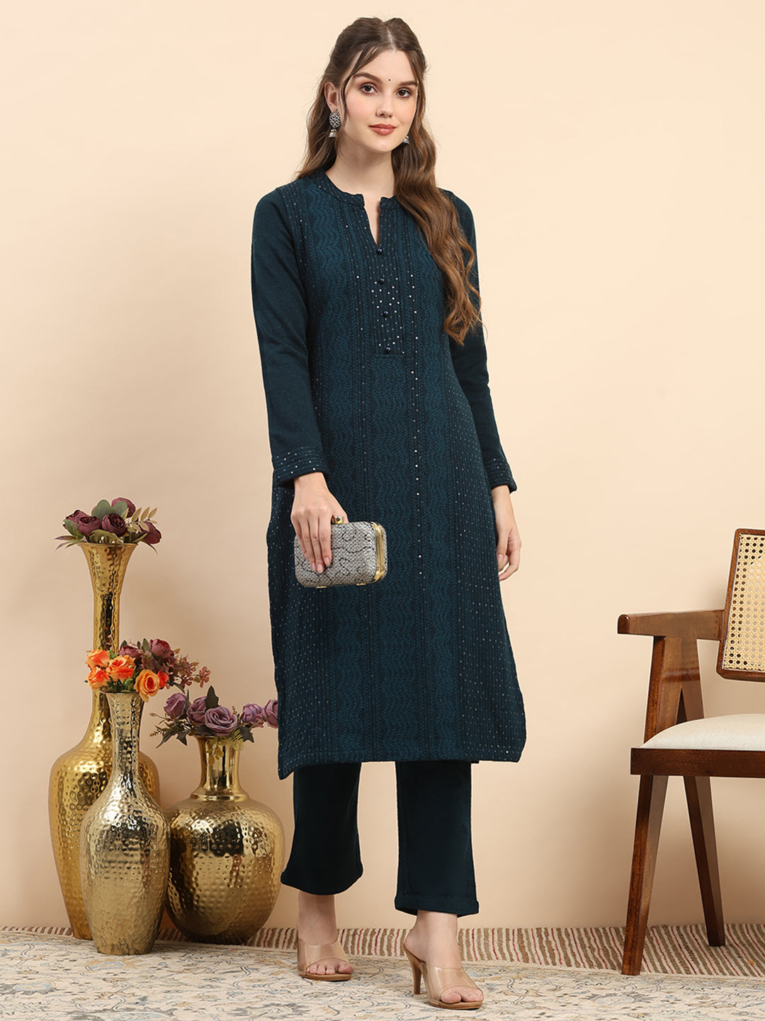 Women Teal Blue Printed Round Neck Full Sleeve Kurti Set for Winter