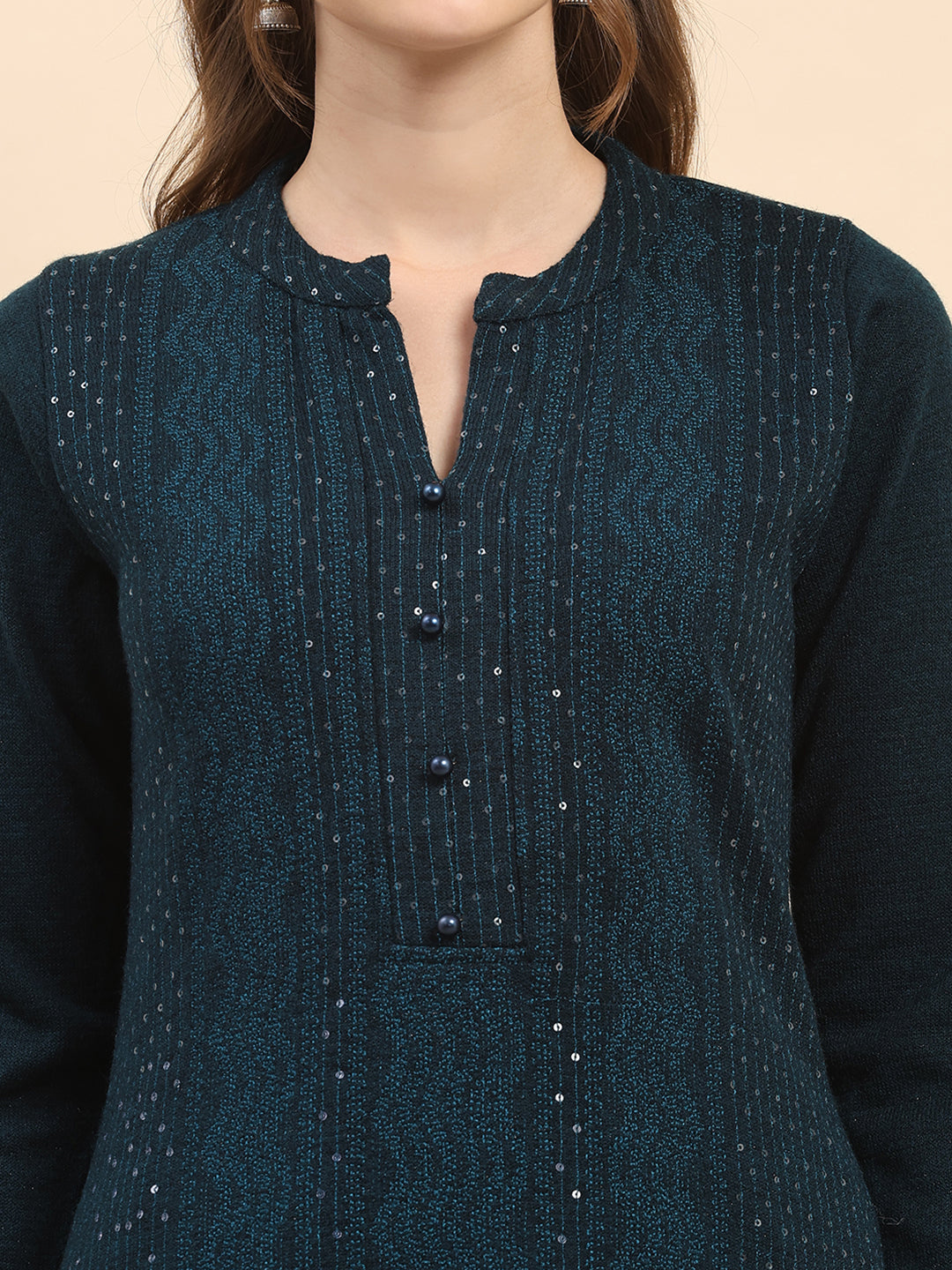 Women Teal Blue Printed Round Neck Full Sleeve Kurti Set for Winter