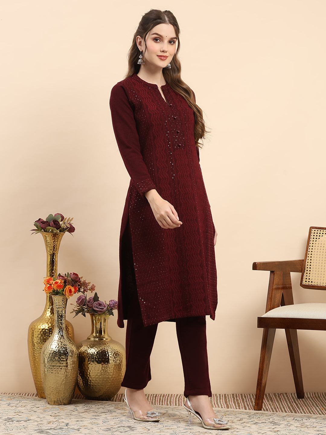 Women Maroon Printed Round Neck Full Sleeve Kurti Set for Winter