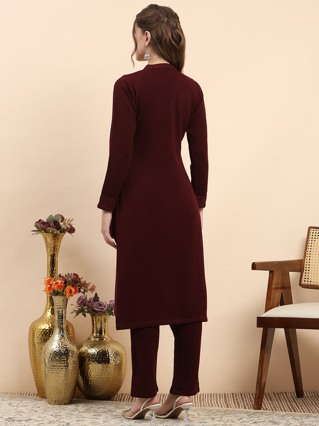 Women Maroon Printed Round Neck Full Sleeve Kurti Set for Winter