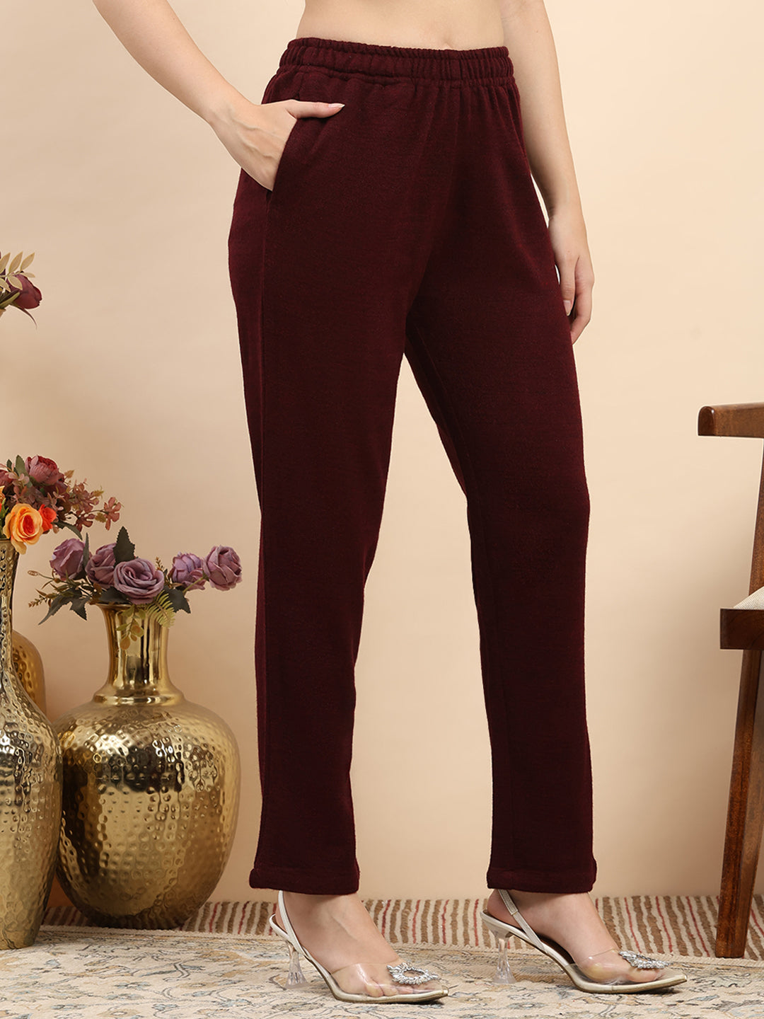 Women Maroon Printed Round Neck Full Sleeve Kurti Set for Winter
