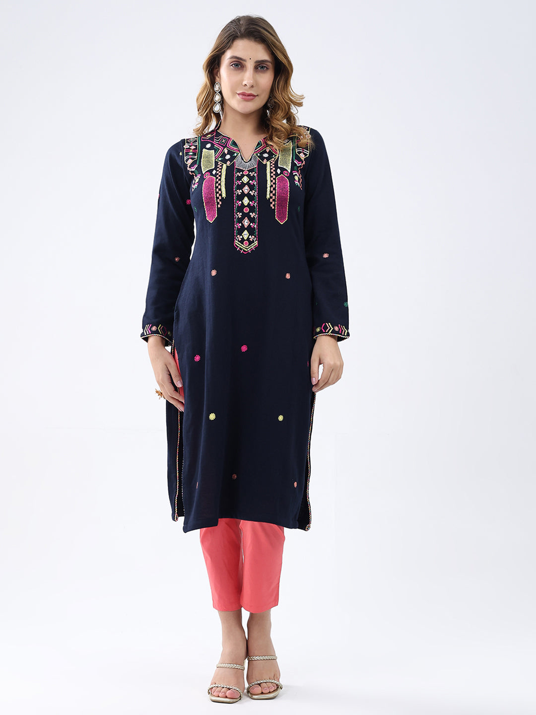 Women Navy Blue Self Design V Neck Full Sleeve Winter Kurti