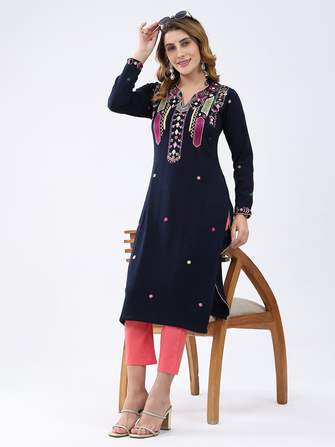 Women Navy Blue Self Design V Neck Full Sleeve Winter Kurti