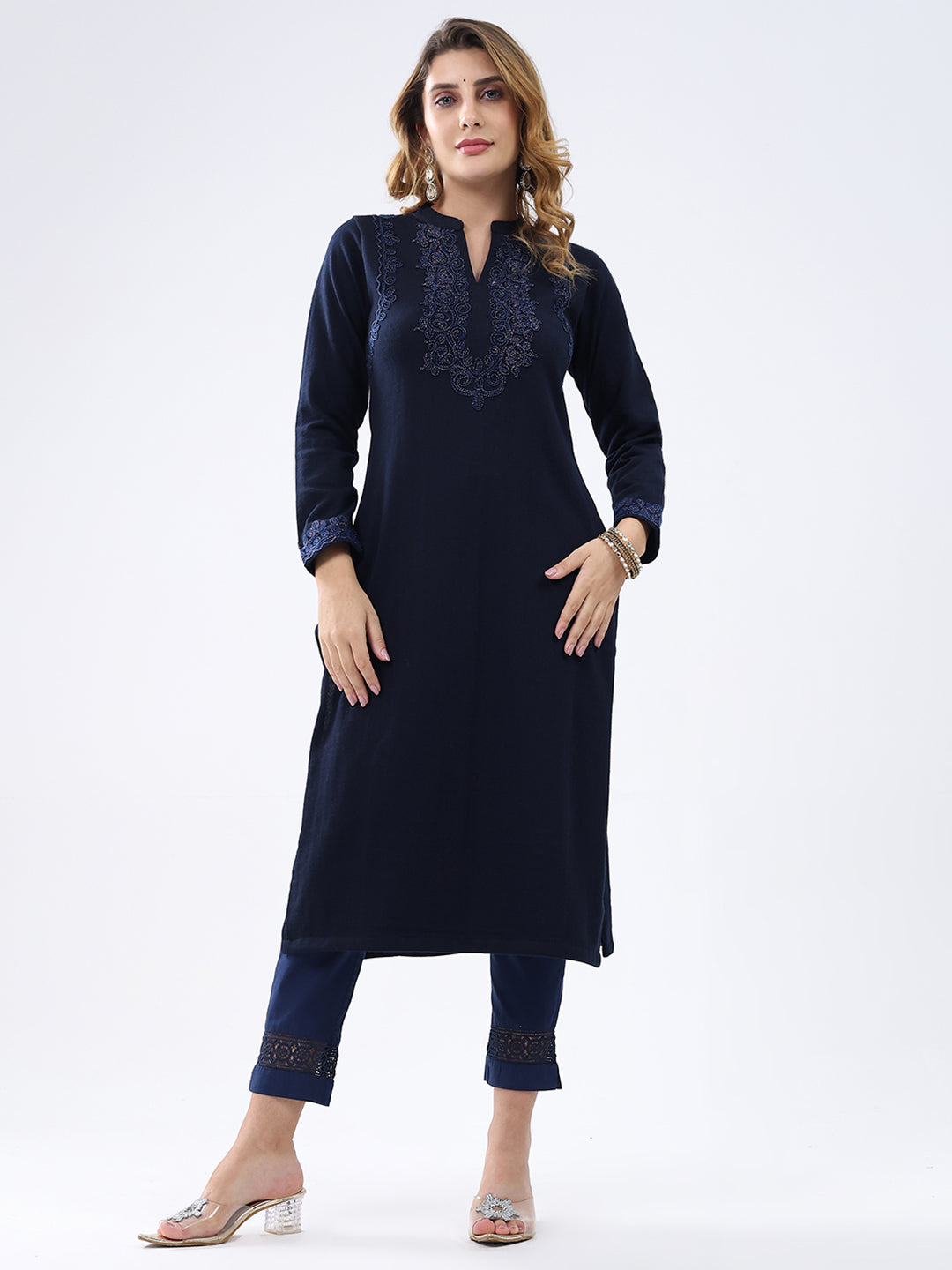 Women Navy Blue Self Design Round Neck Full Sleeve Winter Kurti