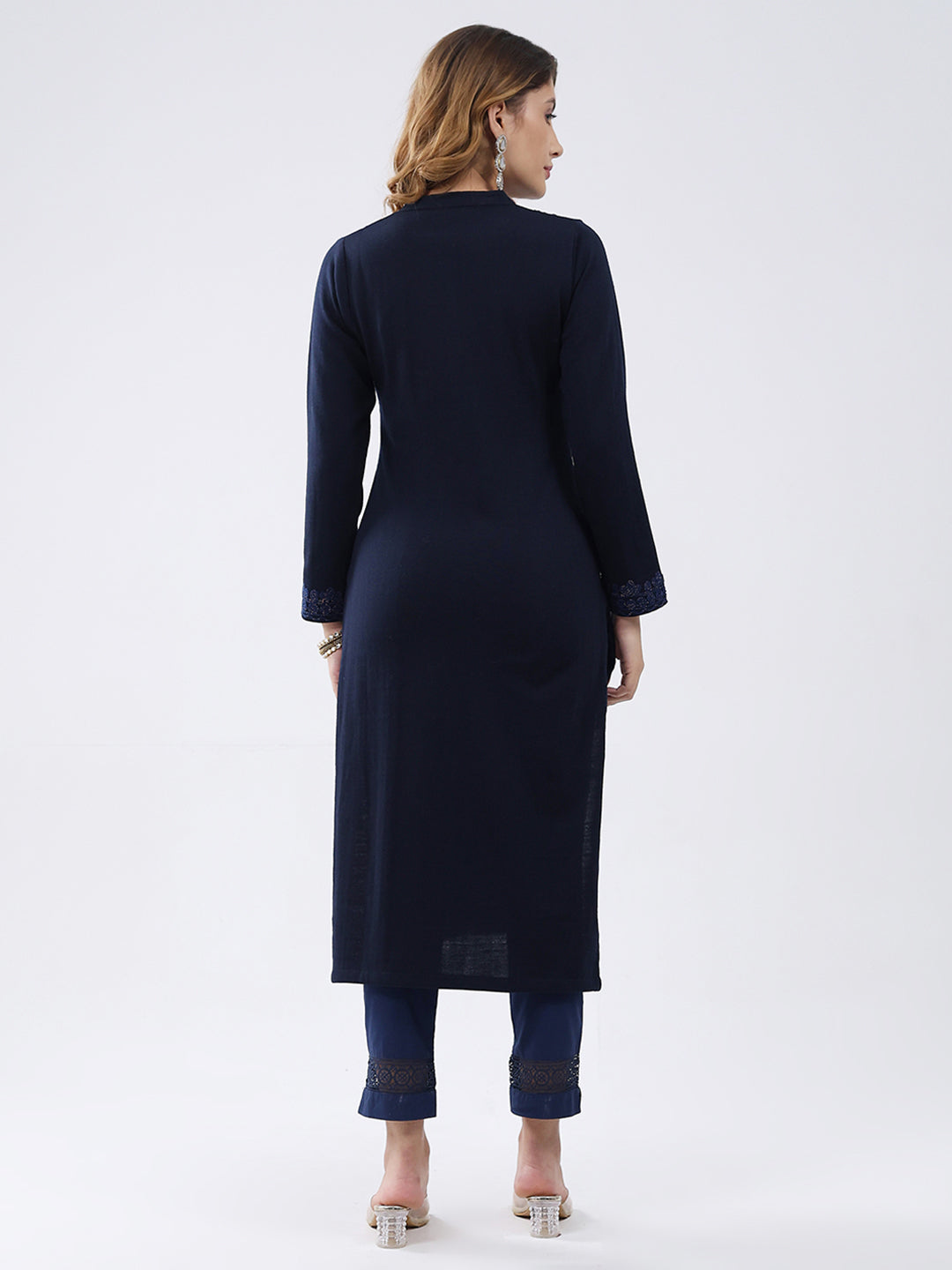 Women Navy Blue Self Design Round Neck Full Sleeve Winter Kurti