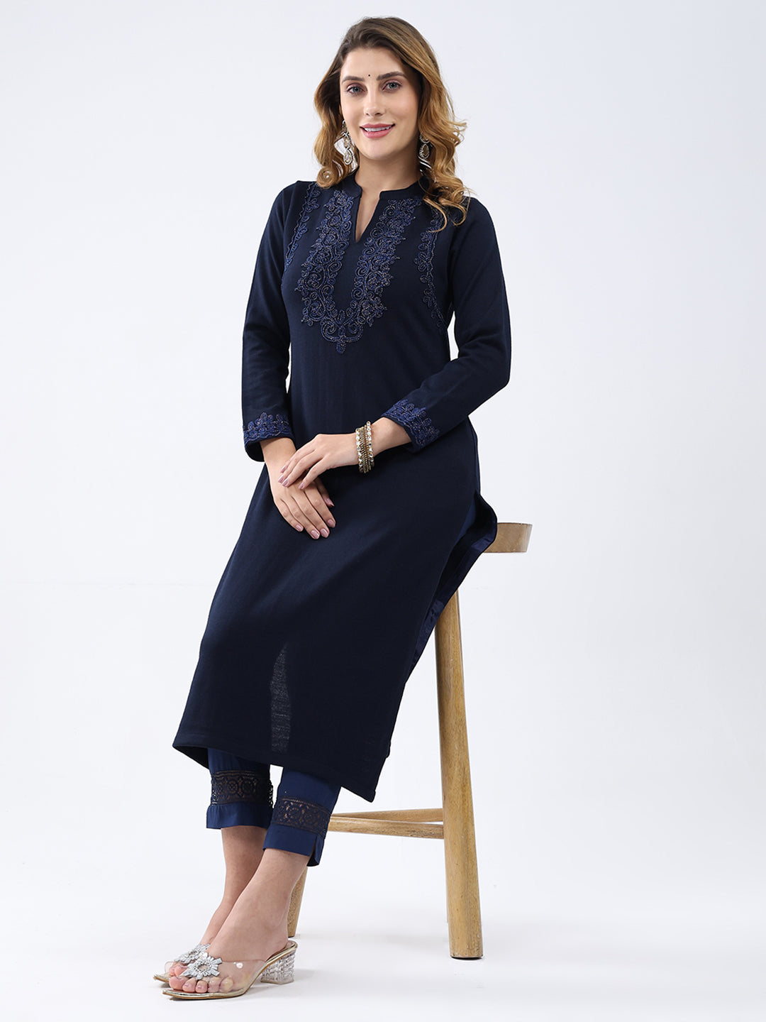 Women Navy Blue Self Design Round Neck Full Sleeve Winter Kurti
