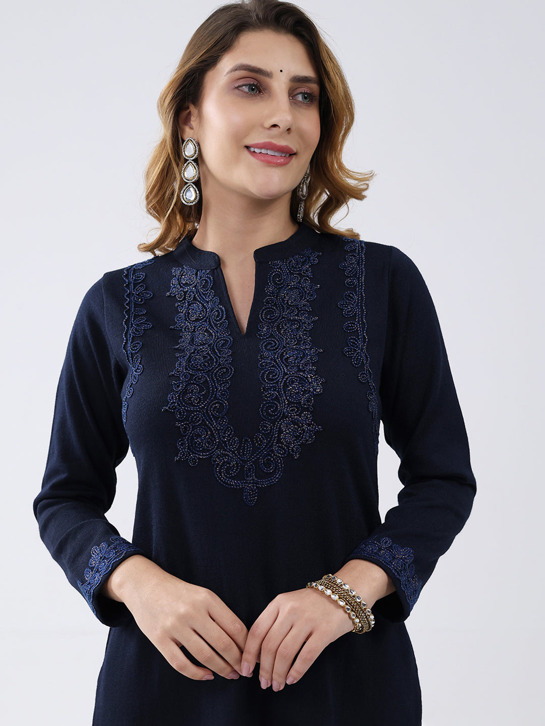 Women Navy Blue Self Design Round Neck Full Sleeve Winter Kurti