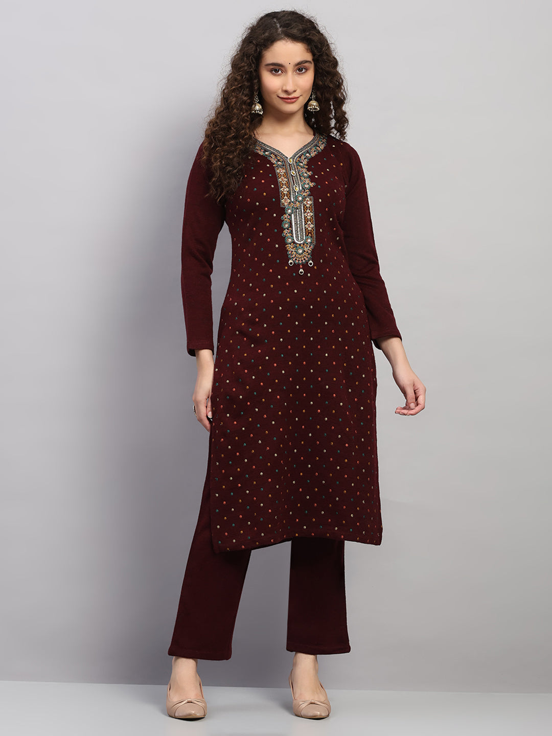 Women Maroon Printed Round Neck Full Sleeve 3 Pc Kurti Set for Winter