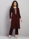 Women Maroon Printed Round Neck Full Sleeve 3 Pc Kurti Set for Winter