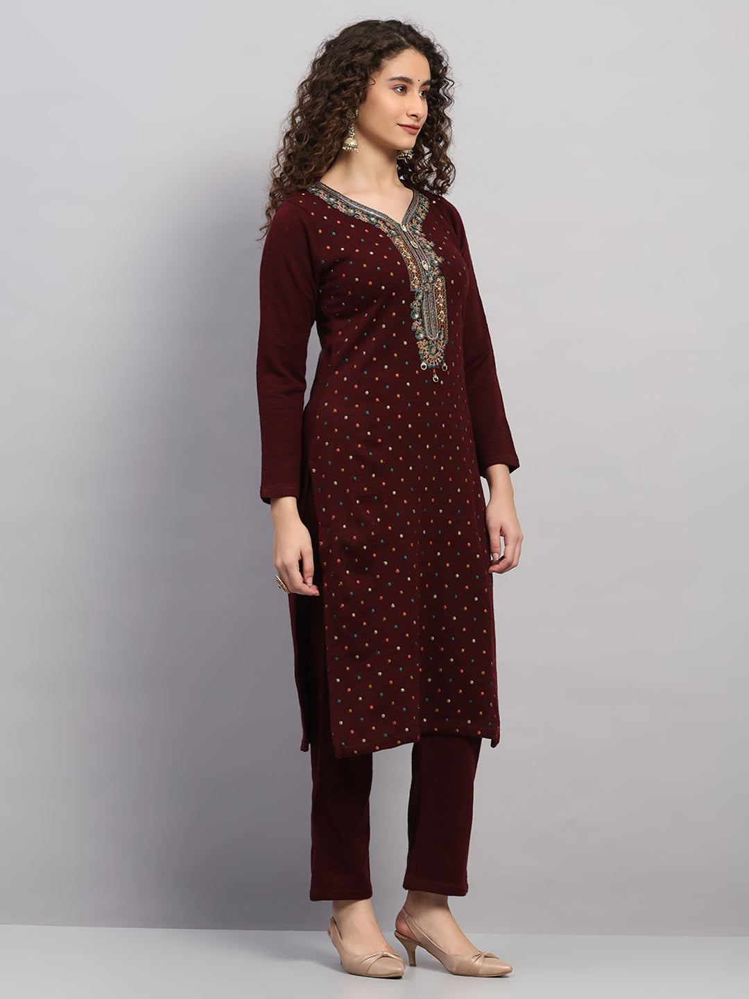 Women Maroon Printed Round Neck Full Sleeve 3 Pc Kurti Set for Winter
