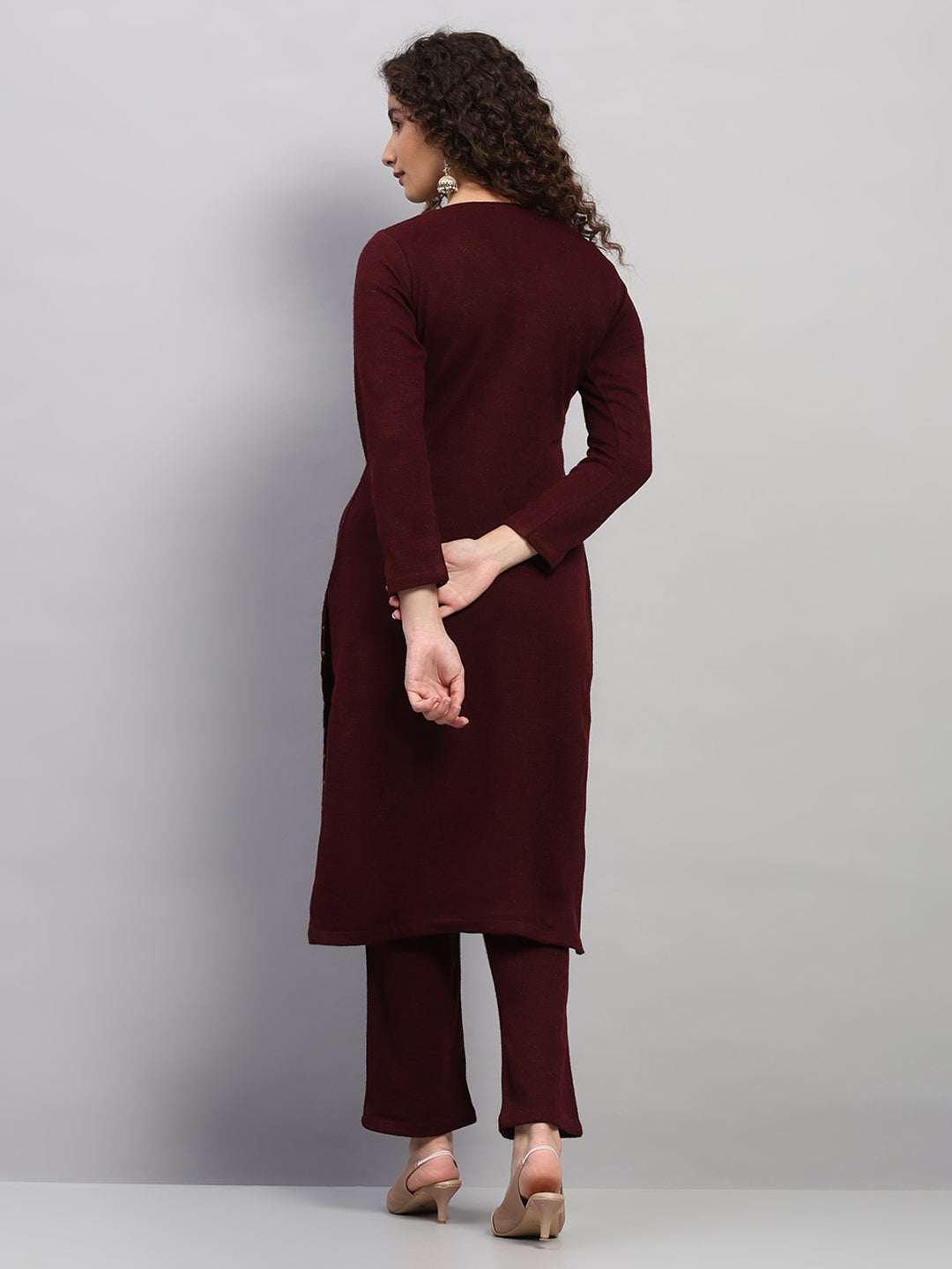 Women Maroon Printed Round Neck Full Sleeve 3 Pc Kurti Set for Winter