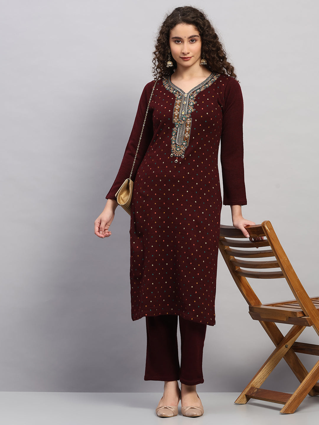Women Maroon Printed Round Neck Full Sleeve 3 Pc Kurti Set for Winter
