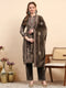 Women Brown Printed Round Neck Full Sleeve 3 Pc Kurti Set for Winter