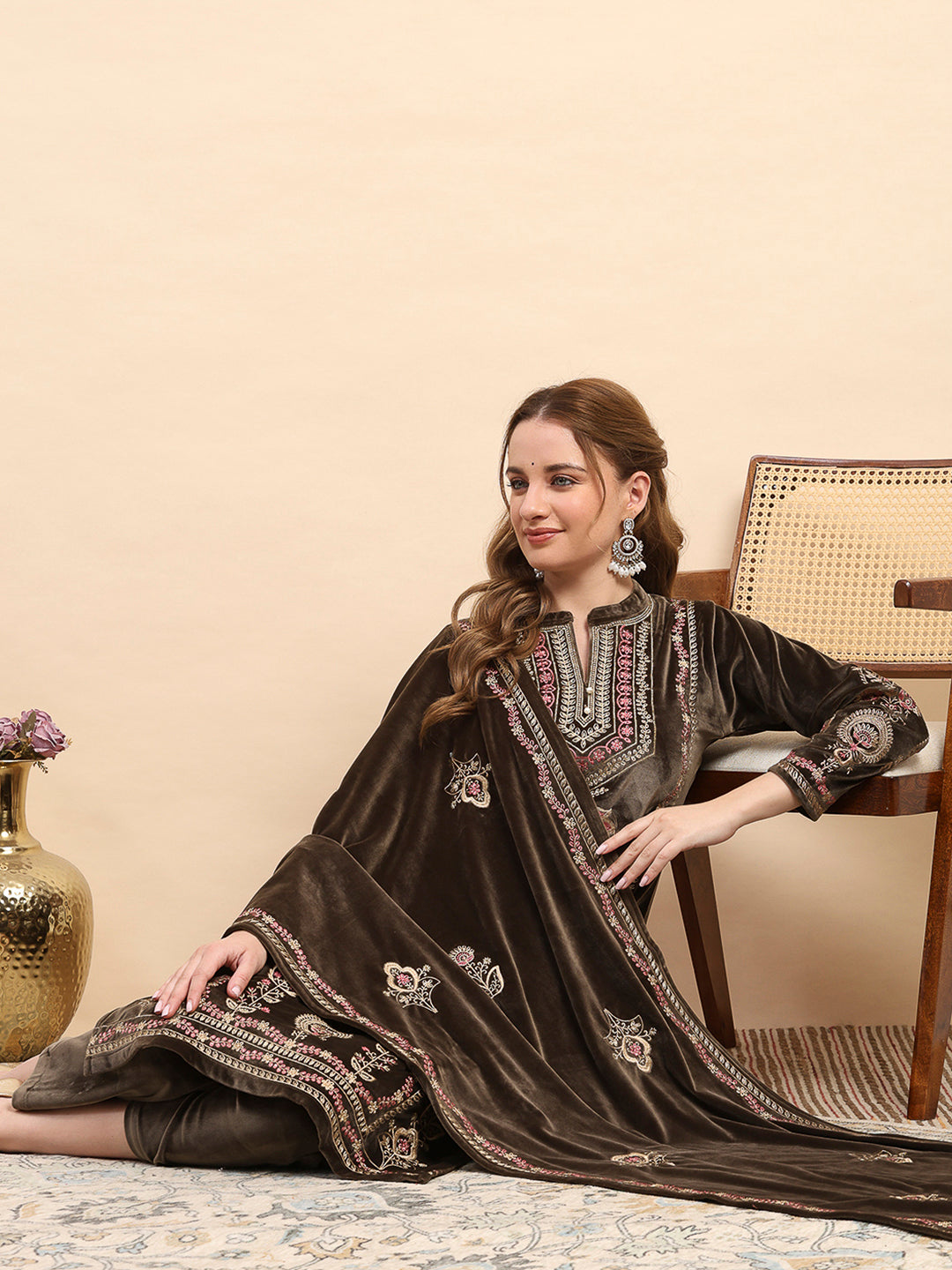 Women Brown Printed Round Neck Full Sleeve 3 Pc Kurti Set for Winter
